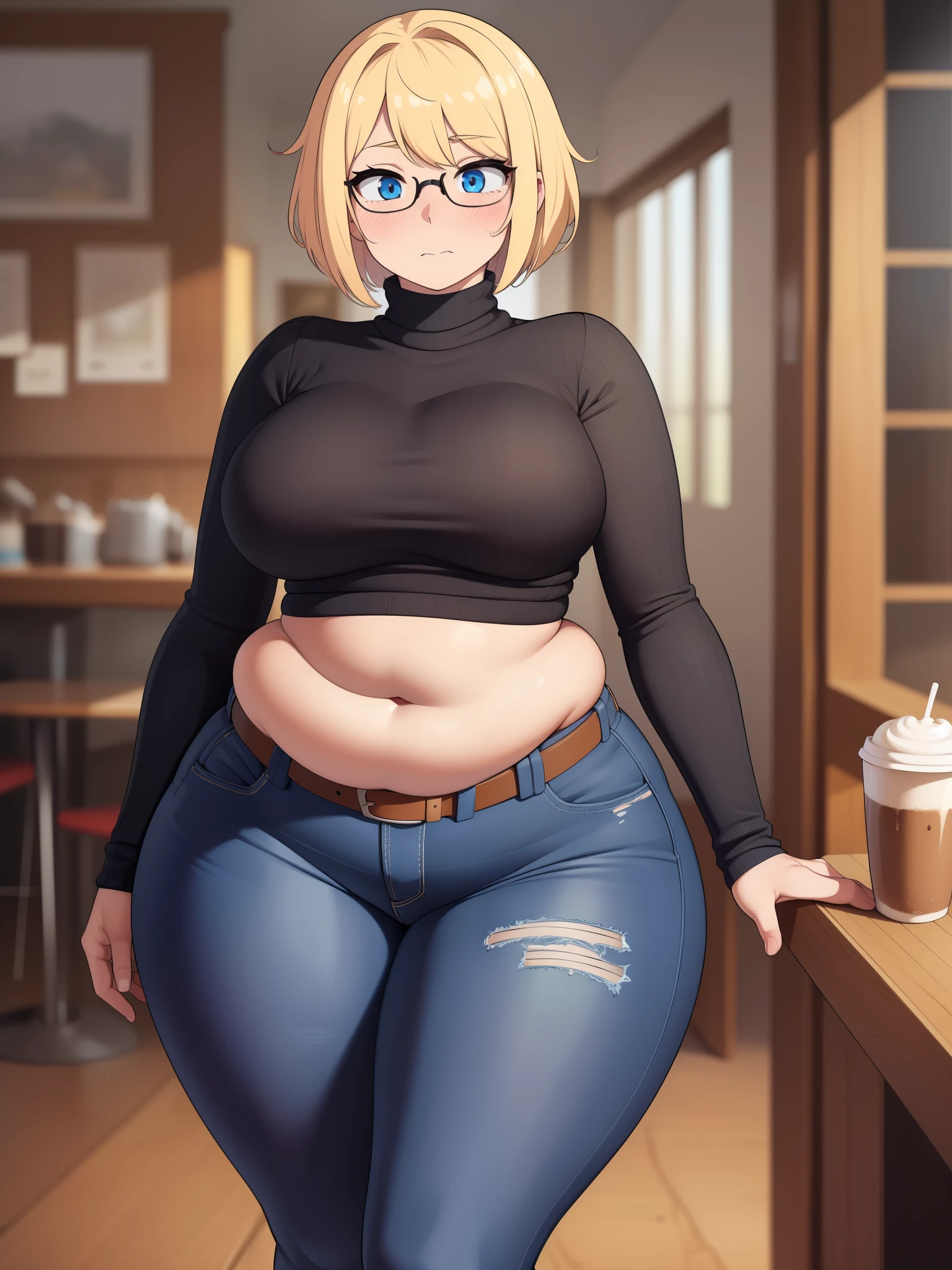 ((Masterpiece)), perfect anatomy, perfect shading, field of depth, (best quality), extremely delicate and beautiful, perfect lighting, detailed face, ultra cute face, cute, (cowboy shot 1.2), full body, (((1girl))), ((solo)), looking at viewer,

short hair, fluffy hair, blonde hair, blue eyes, Glasses, ((blush)), shy, nervous, embarrassed, (black turtleneck sweater 1.5), (jeans 1.2), belt, extremely tight clothes, medium breasts, ((wide hips)), ((thick thighs)), ((chubby)), belly bulge, belly hang, fat folds

coffee shop, intricate background, detailed background, hand on hip, holding coffee cup,