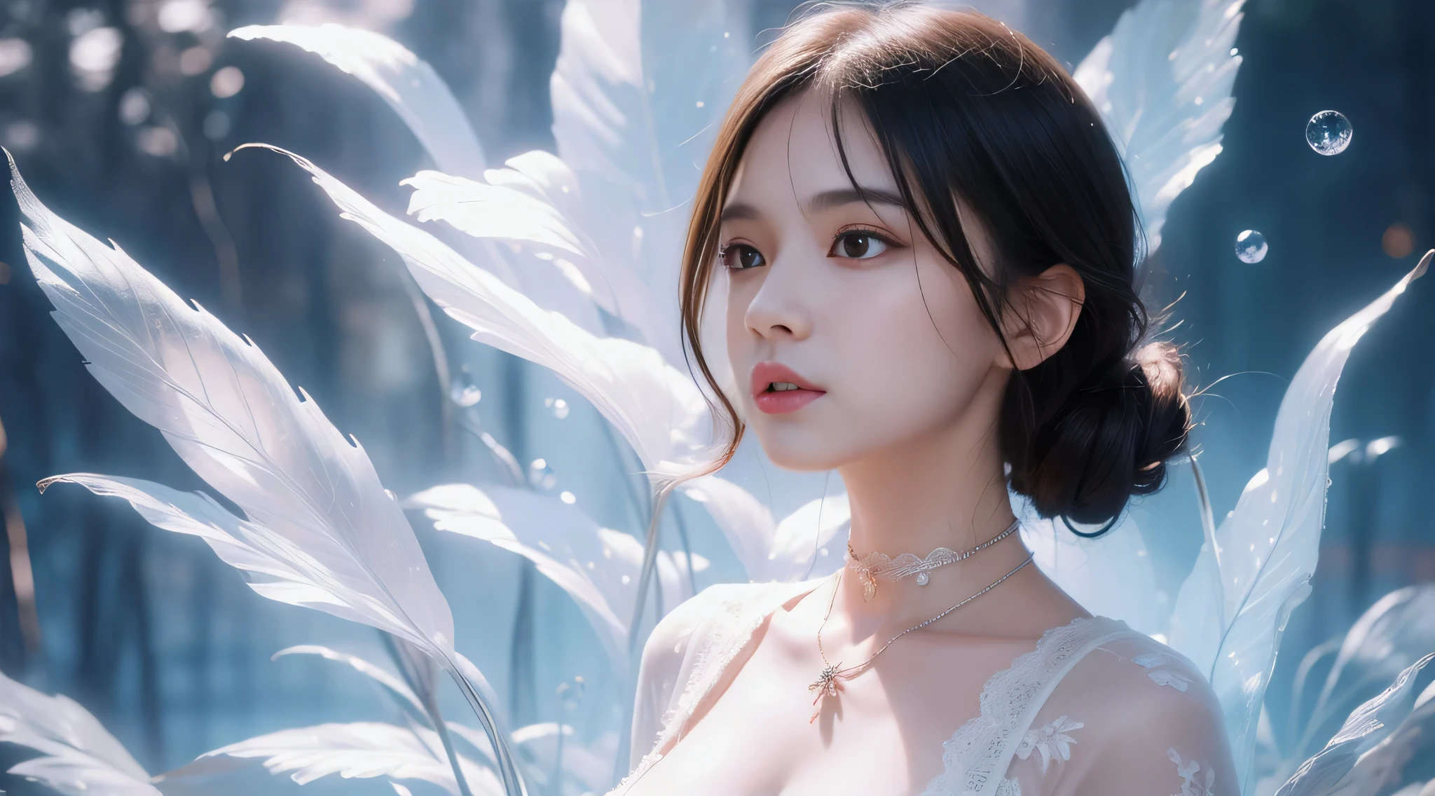 (((1 busty girl)))、glass dress、Plastic dress,sheer transparent clothes,Glass texture,glowing light,rainbowing,Colorful,cleanness,hair adornments、choker necklace、jewely、Nice face、physical、dingdall effect、realistically、shadow studio、edge lit、bicolor lighting、(highdetailskin:1.2)、8K, hyper HD、Digital SLR、gentlesoftlighting、high high quality、volumettic light、、photore、A high resolution、4K、8K、The background is blurred out,Best quality、tmasterpiece、A high resolution、