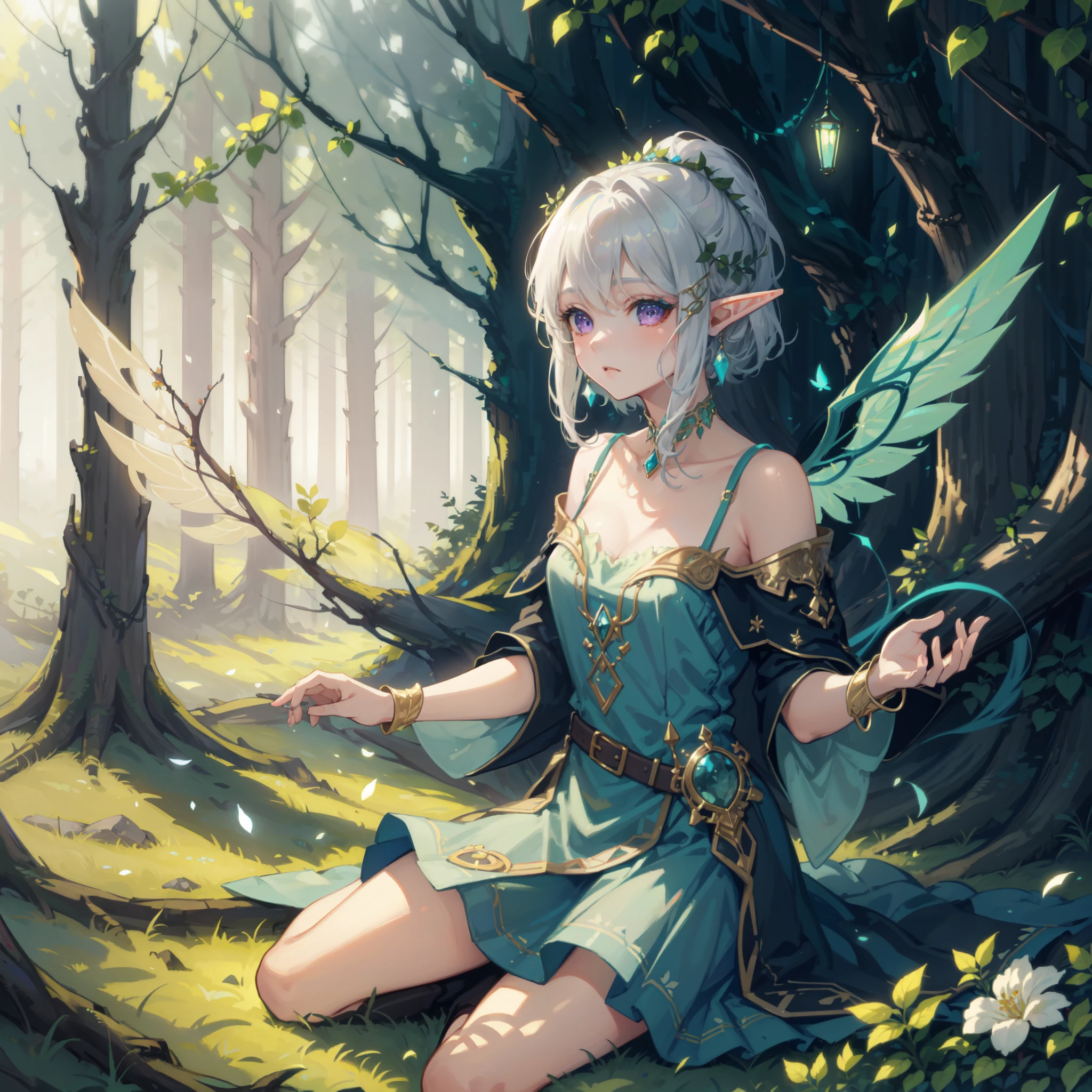 ((masterpiece, best quality)), (Exquisite art style: 1.2 + bright colors: 1.2), (HD wallpaper + ultra-high precision: 1.2), When you think of "elf wings", you will imagine a flowing, elegant elf girl, flying in the air, surrounding the woods and wilderness. Her wings can be white, gold, or silver-gray, shining. She can wear dresses, short skirts or blue silk. Surrounded by trees, flowers and small animals, it full of nature and magic. The theme "Wings of Elves" good at depicting brightly colored and detailed dreamy pictures, which lead people's imaginations infinitely to the world of and fantasy, BREAK, highly detailed of (elf), (1girl), perfect face,details eye, short hair, low ponytail, Blunt bangs, (hair between eye), white hair, violet eyes, fantasy art by Artgerm, by Kawacy, by Wadim kashin, BREAK, extremely detailed, dynamic angle, cowboyshot, the most beautiful form of chaos, elegant, a brutalist designed, vivid colours, romanticism, BREAK, eyelashes, eyeshadow, pink eyeshadow
