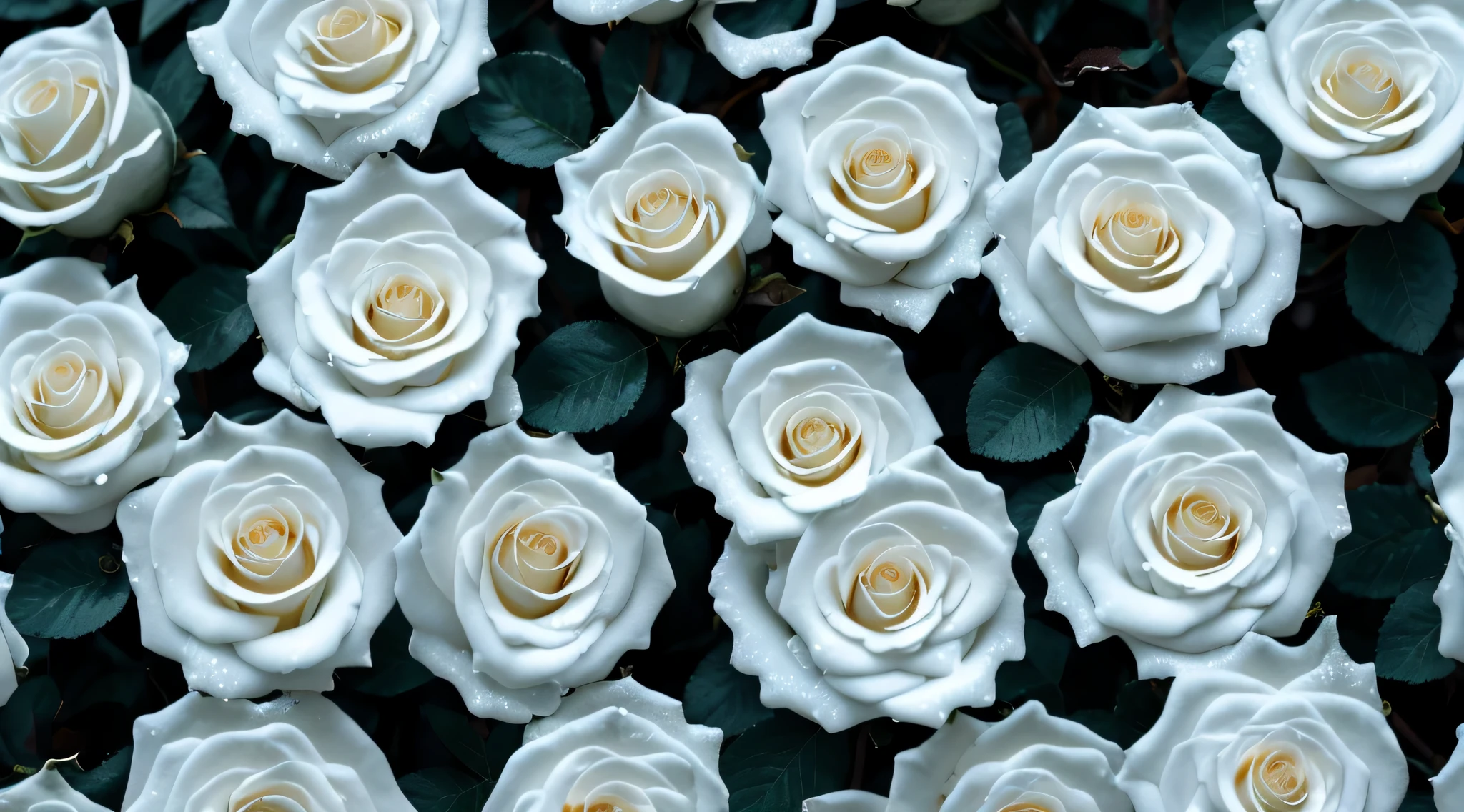 White snowflakes,drippy(slope: black roses)),4K,glowing delicate flowers,Foliage