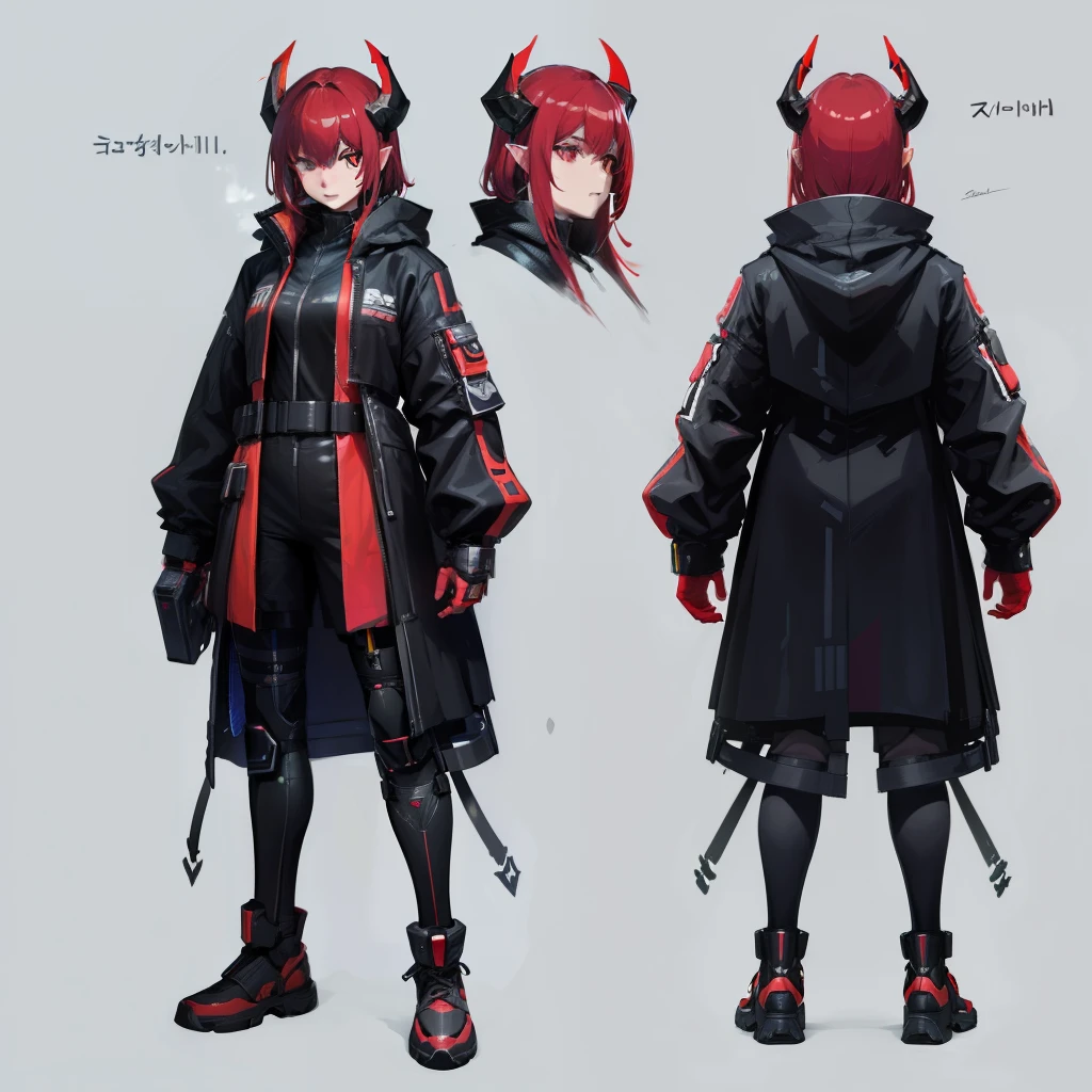 cyberpunk adventure game character, full body, Character design sheet, Same character, front, side, back - v4 - 3:2 air, (black ocular sclarella, red skin, short horns), Detailed face and body, futuristic clothing, backdrop, interactive environment details , high quality rendering.