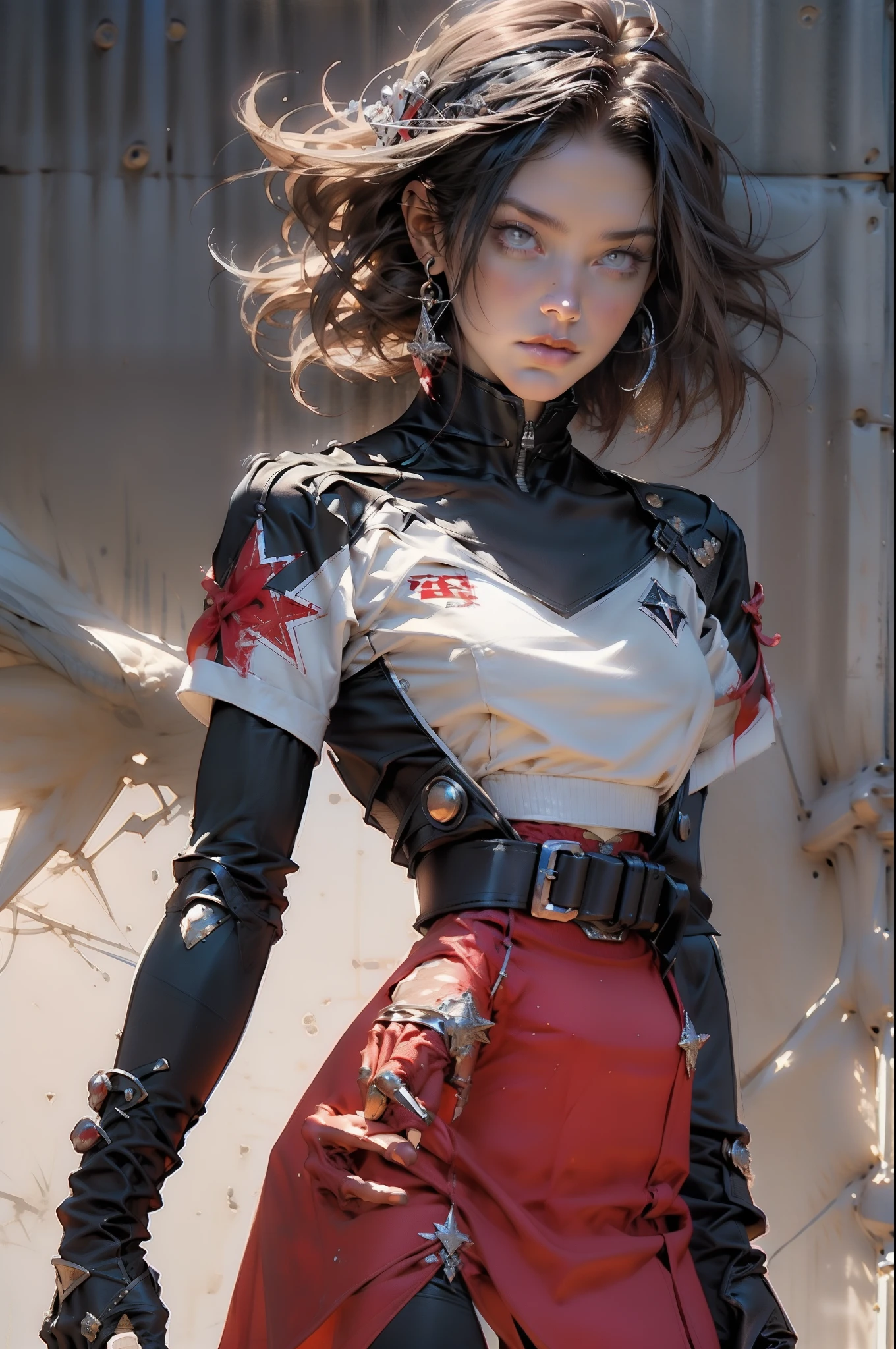 (((maam))), (((Better quality))), (((tmasterpiece))), ((())), Uma guerreira maam de 35 anos com corpo perfeito, Brooklyn Gladiators, Hands with steel gloves and metal tipelow )), Simon Bisley (Simon Bisley) almost for《heavy metal》Magazine cover shoot，Show wild  style, blond hairbl, Minimum dress code, armour (Dark blue with white stars，red with white stripeull of paint-stained nails and rivets, 5-pointed star tattoo, (((full bodyesbian))), with short black hair，White bangs cover the forehead，（Decorative painting：1.6，）， lamplight,Ink painting and watercolor，ink，water ink，((Detailed faces))，((詳細な目))，((correct hand))，((Complete and beautiful five fingers))，((anatomically correct limbs))，((Correct anatomy))，