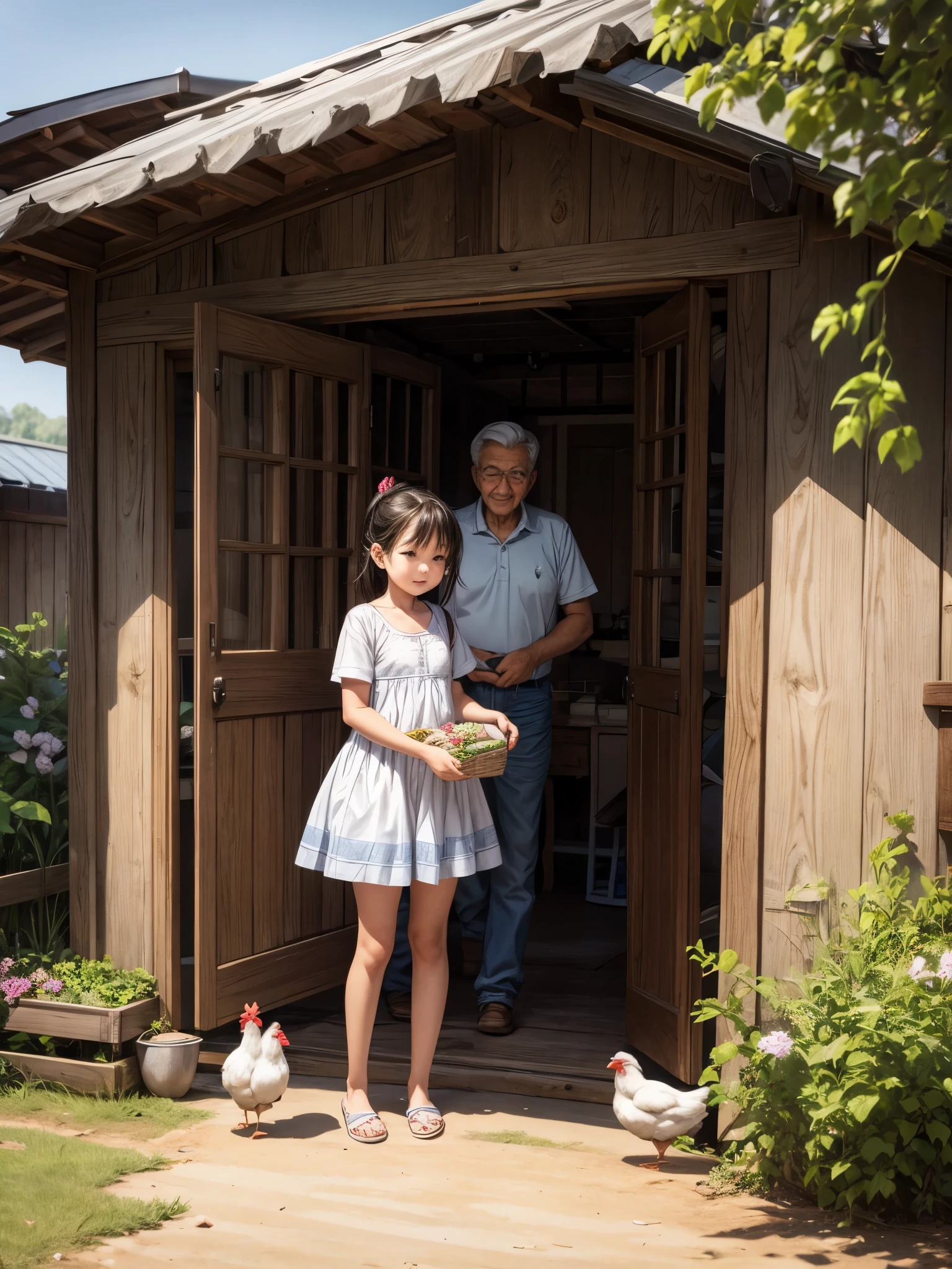 A 10-year-old girl collects eggs laid by chickens., And her grandfather and grandmother are watching over her.. In a peaceful rural landscape, Calm farm life with warm sunshine