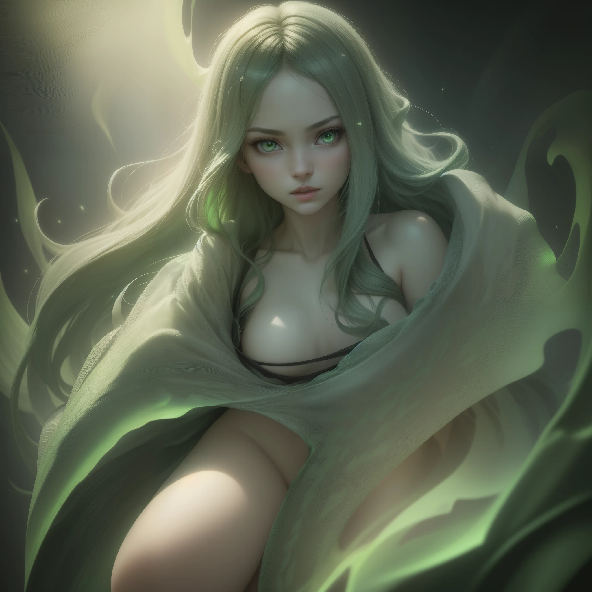 pixel classification, Very beautiful girl with green eyes and green mouth emerged in eternal tera flow of eternal data flowing through loop of infinite light scattering in the world of chaotic ripple optical illusions, mundo exterior celestial, lut, hdr, dramatic light, arte digital, redshift render, imagem raytraced, behance hd --auto