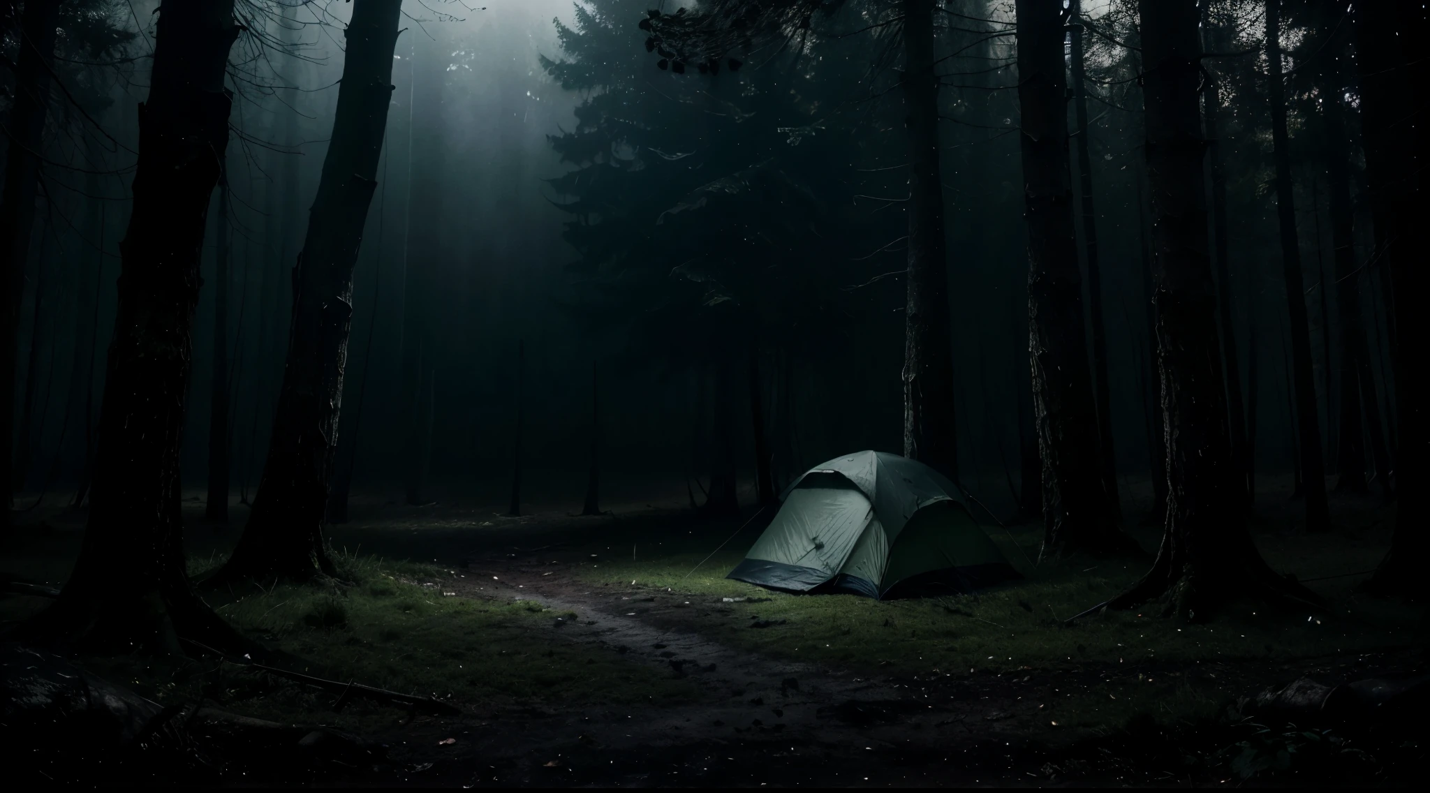 (best quality, highres), dark and eerie night, creepy atmosphere, rain, camping tent in a dense forest, no bonfire, mysterious shadows, misty ambiance, hauntingly beautiful, intense darkness, damp ground, hidden creatures, spooky vibes, no moonlight, pitch-black surroundings, no stars, wet leaves, unsettling silence, mysterious whispers.