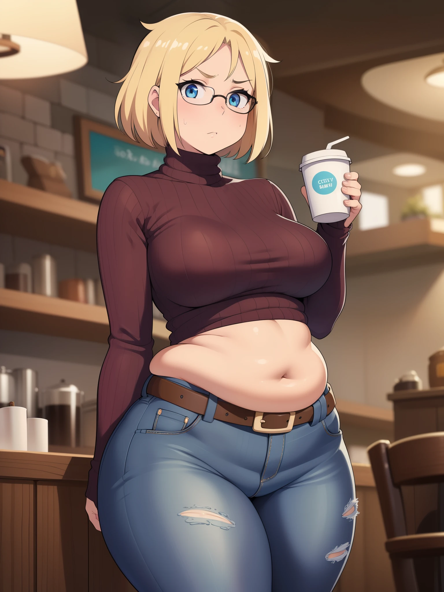 ((Masterpiece)), perfect anatomy, perfect shading, field of depth, (best quality), extremely delicate and beautiful, perfect lighting, detailed face, ultra cute face, cute, (cowboy shot 1.2), full body, (((1girl))), ((solo)), looking at viewer,
short hair, fluffy hair, blonde hair, blue eyes, Glasselush)), shy, nervous, embarrassed, (black turtleneck sweater 1.5), (jeans 1.2), belt, extremely tight clothes, medium breasts, ((wide hips)), ((thick thighs)), ((chubby)), belly bulge, belly hang, fat folds
coffee shop, intricate background, detailed background, hand on hip, holding coffee cup,