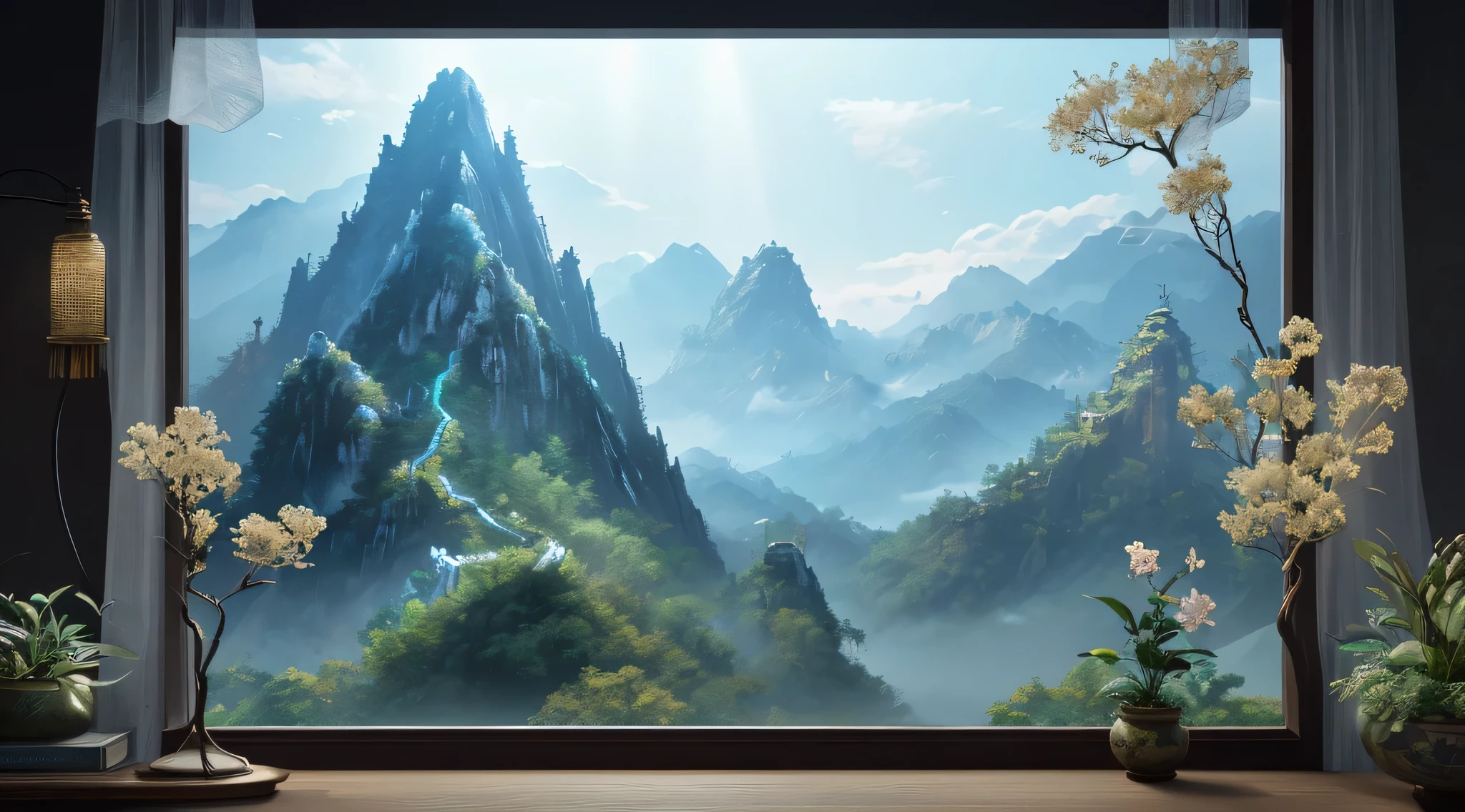 Best quality, actual, photoactual,  ultra - detailed, "Huaguo Mountain+faeries+Chinese architecture" Highly detailed engravininami " porcelain,ultra-wide-angle,emphasis lighting,Volumetriclighting,The light from the rear window is backlit, (detailedlight),((Extremely Delicately Beautiful)),theatrical_cel shadow,Rays_vestige,HighDynamicRange