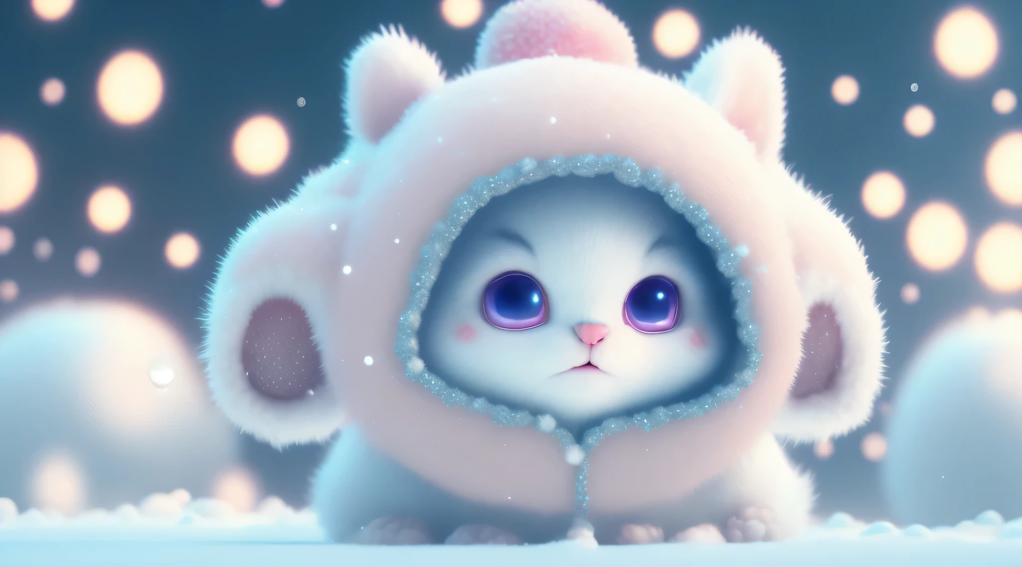 a cute little cat+Snow-white furry，big bright eyes，A sweet smile，A sweet smile，with her mouth open！！！，Dress up as a fashion model，Wearing a fashionable suit with pink crystal texture，hats and bags，Snow white fluffy，big bright eyes 明亮的眼睛，The stands up，furry tail，Winter rises，Snowflakes are fluttering gently，Extremely detailed 3D animation showing center of symmetry， hyper realisitc， super detailing， posh， 3， 电影灯光， ultra clear details， Ultra-transparent material， Close-up shot， Complex textures， Rendered by Octane， ZBrush， 8K， hyper realisitc的UREAL，with her mouth open！！！，To the right！！！