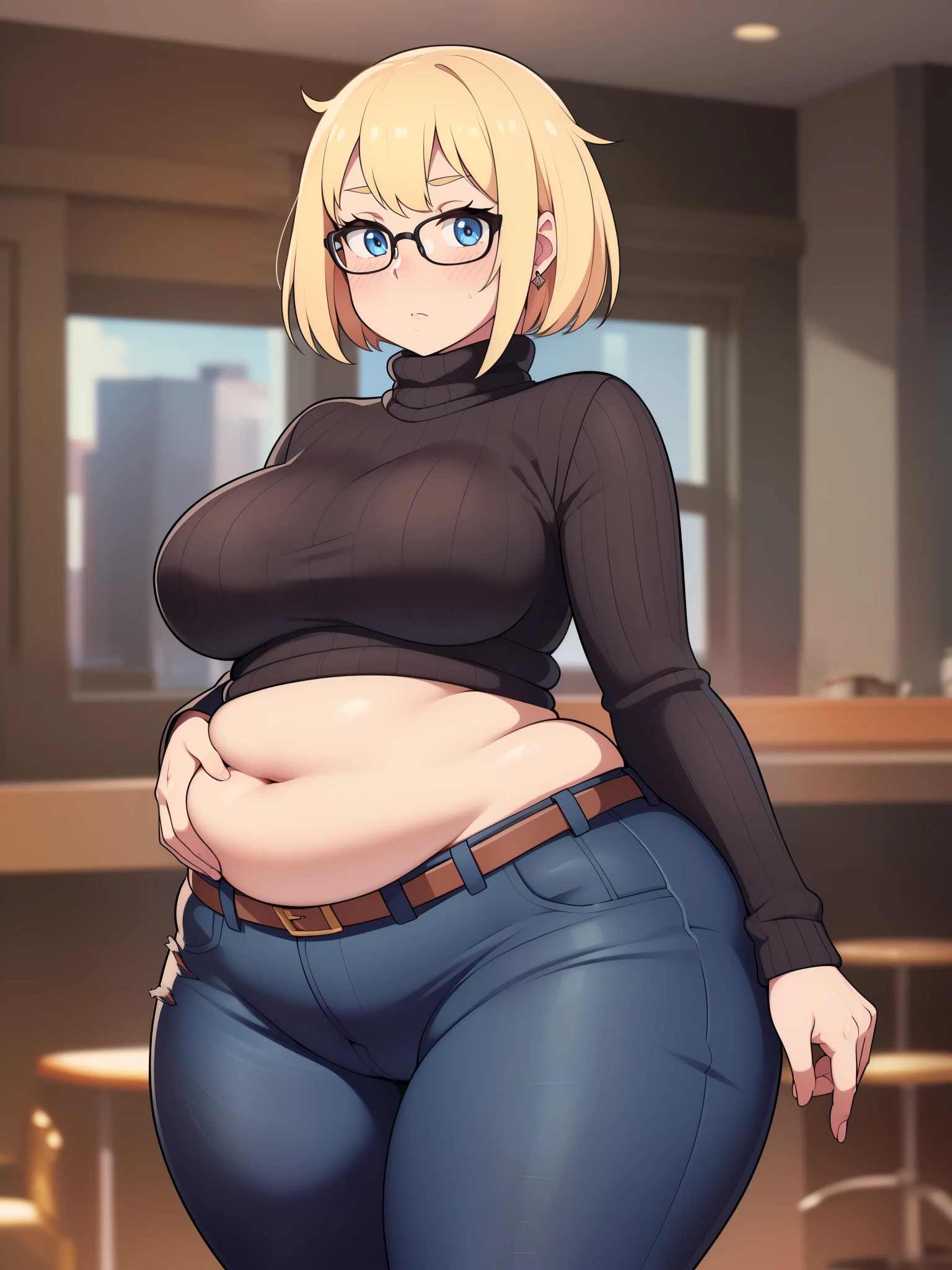 ((Masterpiece)), perfect anatomy, perfect shading, field of depth, (best quality), extremely delicate and beautiful, perfect lighting, detailed face, ultra cute face, cute, (cowboy shot 1.2), full body, (((1girl))), ((solo)), looking at viewer,

short hair, fluffy hair, blonde hair, blue eyes, Glasses, ((blush)), shy, nervous, embarrassed, (black turtleneck sweater 1.5), (jeans 1.2), belt, extremely tight clothes, medium breasts, ((wide hips)), ((thick thighs)), ((chubby)), belly bulge, belly hang, fat folds

coffee shop, intricate background, detailed background, hand on hip, holding coffee cup,