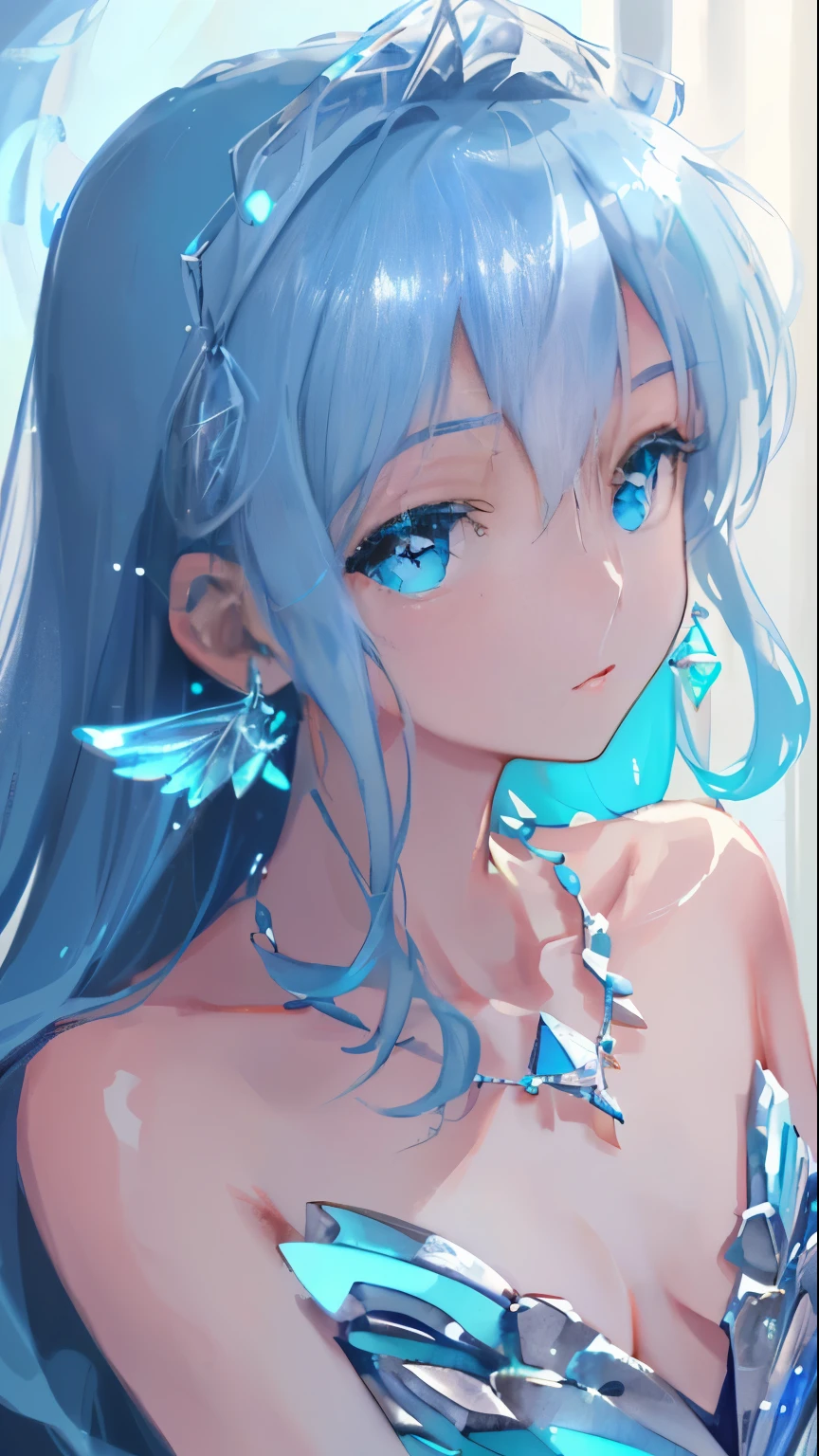 Masterpiece, Best Quality, Illustration, Sax Blue, Platinum Earrings, Platinum Necklace, Blue Dress, 1girl, Cute, (Dynamic Lighting:1.2), Cinematic Lighting, Delicate Facial Features, Detailed Eyes, Sharp Pupils, Realistic Pupils, Depth of Field, Bokeh, Sharp Focus, (Ultra Detailed, Bloom, Glow:1.4), Many Little Jewels,Angel Wings,Beautiful Abs