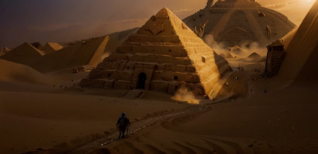 People escaping from the pyramid,broken pyramid,A huge sandworm is attacking the pyramids,sandstorms,destroy,quick drawing