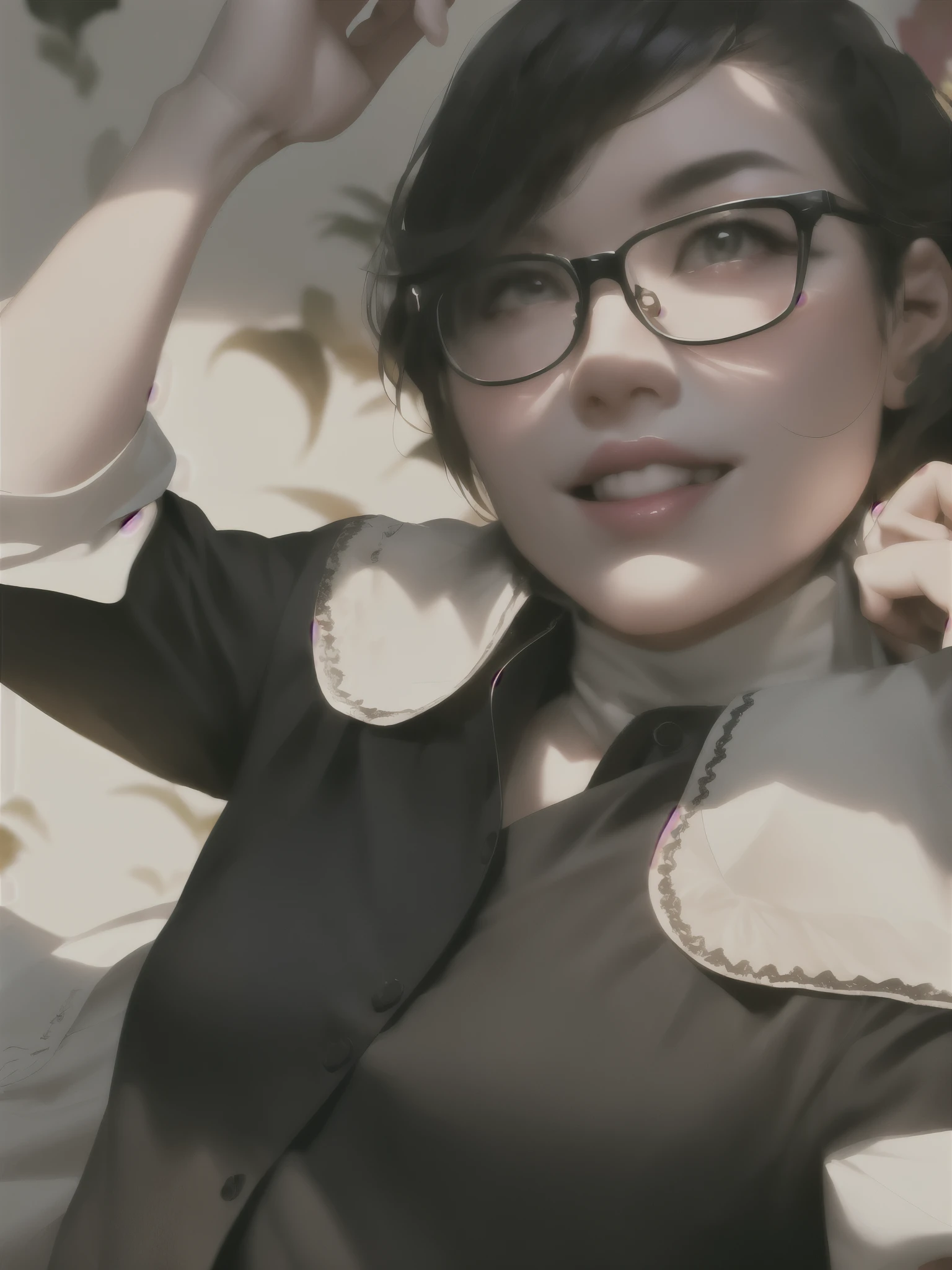 there is a woman that is wearing glasses and a black shirt, cover photo portrait of du juan, inspired by Kim Jeong-hui, wearing big black circle glasses, wearing black frame glasses, with shoulder pads, wearing thin large round glasses, inspired by Mei Qing, author li zhang, inspired by Ruth Jên, with short hair, wearing small round glasses