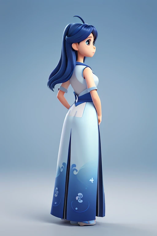 three views of image,Generate three views,namely the frontview、side and back view,maintainingconsistency and unity,full bodyesbian、frontage、Lateral face、on back、beautiful Girl,Blue and white porcelain,Hanfu,Ink wind,Disney Pixar style, 3D, Animated characters, high qulity
