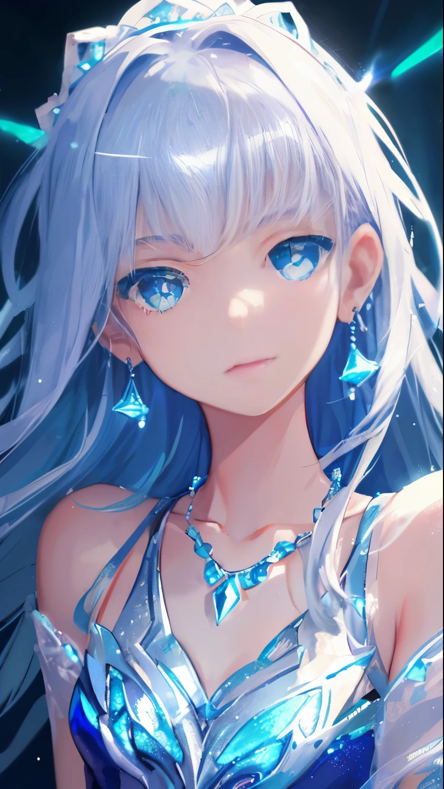 Masterpiece, Best Quality, Illustration, Sax Blue, Platinum Earrings, Platinum Necklace, Blue Dress, 1girl, Cute, (Dynamic Lighting:1.2), Cinematic Lighting, Delicate Facial Features, Detailed Eyes, Sharp Pupils, Realistic Pupils, Depth of Field, Bokeh, Sharp Focus, (Ultra Detailed, Bloom, Glow:1.4), Many Little Jewels,Angel Wings,Beautiful Abs
