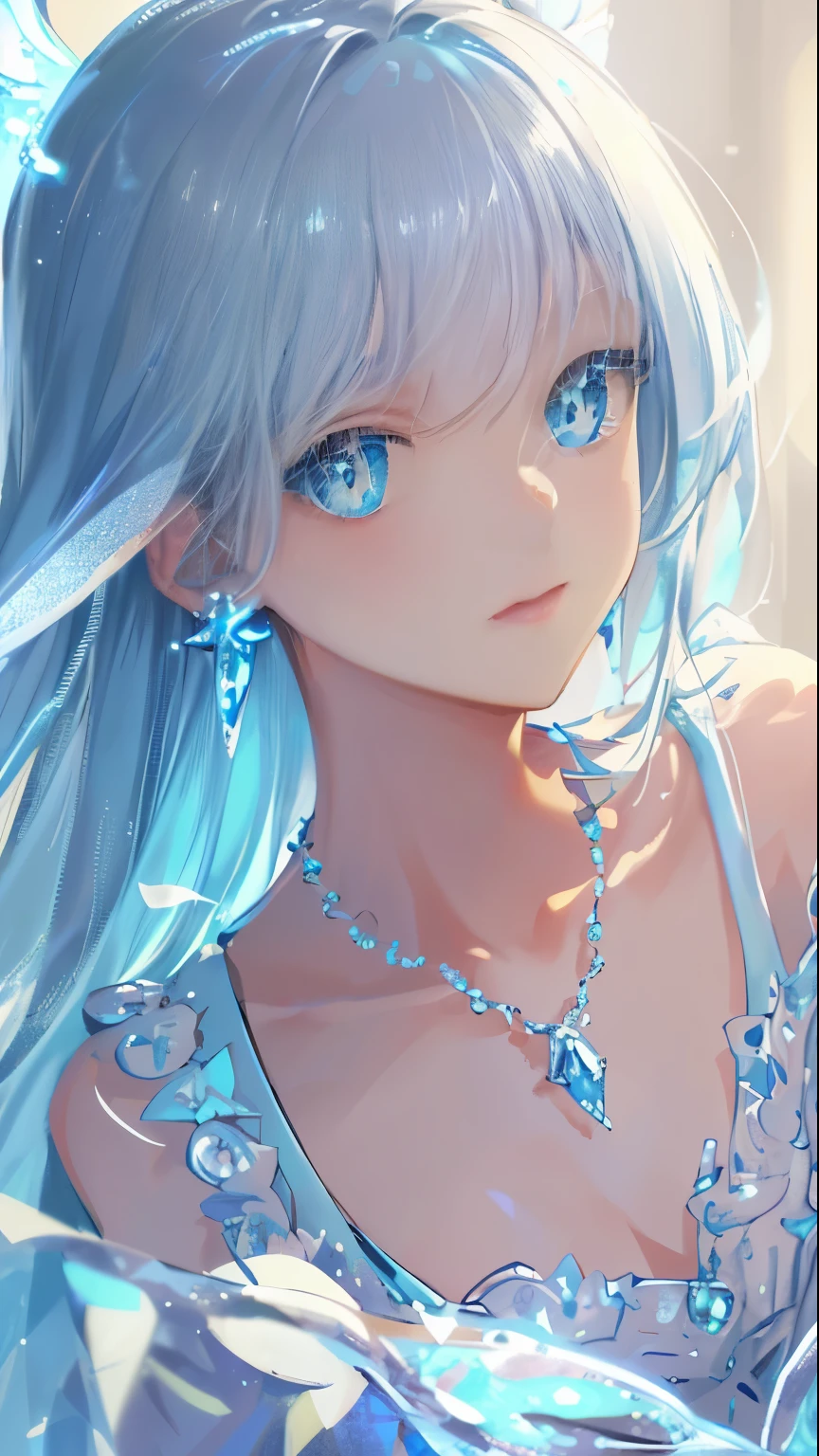 Masterpiece, Best Quality, Illustration, Sax Blue, Platinum Earrings, Platinum Necklace, Blue Dress, 1girl, Cute, (Dynamic Lighting:1.2), Cinematic Lighting, Delicate Facial Features, Detailed Eyes, Sharp Pupils, Realistic Pupils, Depth of Field, Bokeh, Sharp Focus, (Ultra Detailed, Bloom, Glow:1.4), Many Little Jewels,Angel Wings,Beautiful Abs
