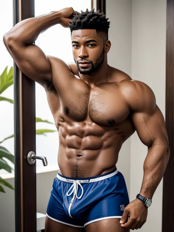 Homem negro musculoso, pele escura, cueca curta e branca