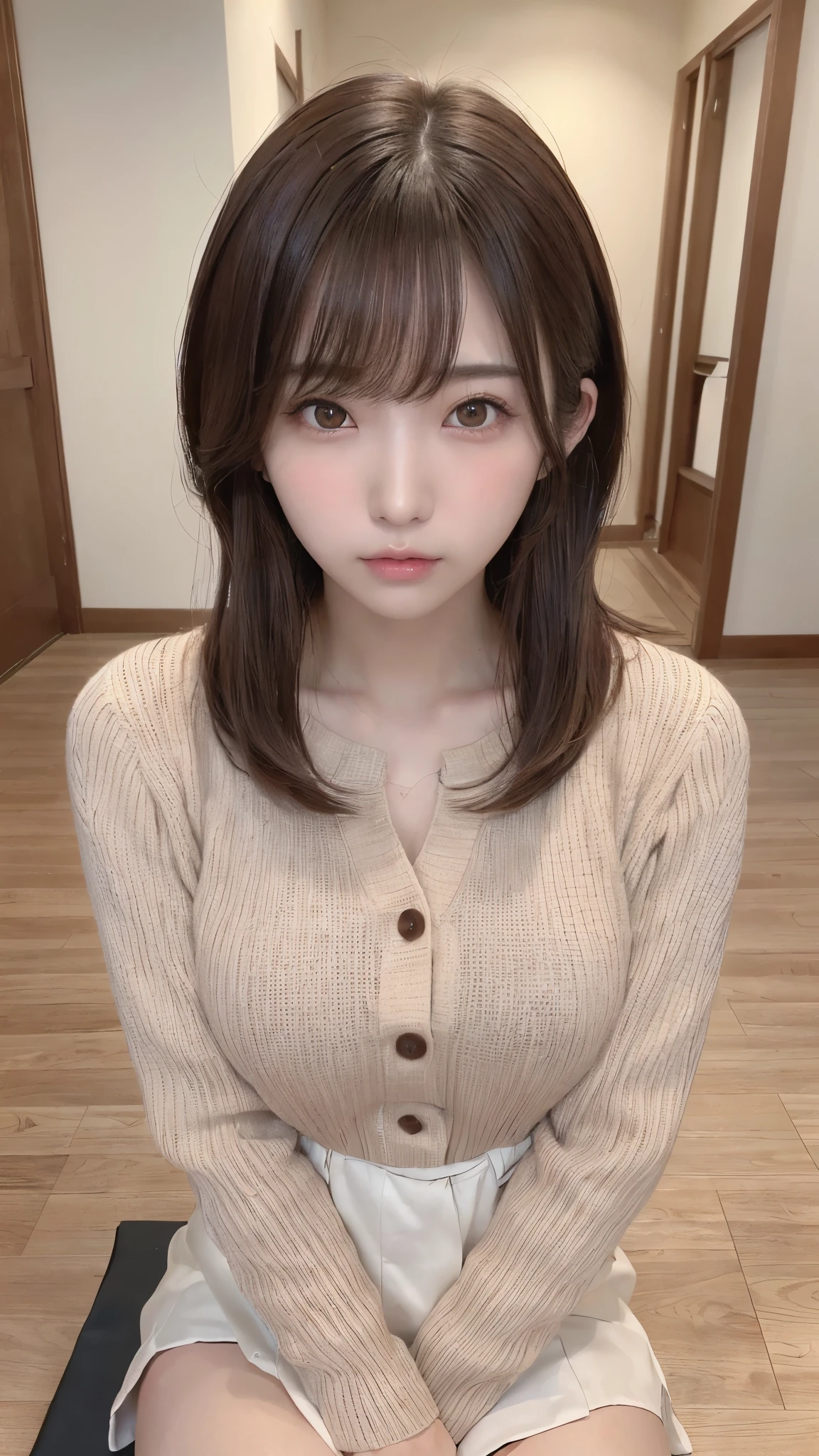 (masterpiece:1.3), (8K, 真实感, Original photography, image quality: 1.4), Japanese high school girl、(random hair style:1.2)、:1.2、Super detailed faces、Eye of detail、二重まぶた、Put yours together with your Armoco nítido:1.2、Pretty Women:1.4、Light brown hair、quality、masterpiece、超高分辨率、(真实感:1.4)、Very detailed and professional lighting、Loose long knitted sweater、Stick your shoulders ouongated、serious face expression、short detailed hair、cow boy shot、on the floor on all fours、((Don't wear it、Upper body、on the chest))、Sit down and put your hands in front of you、(thighs visible、I almost saw mine...Unbutton all the buttons on the front of your clothes)、Almost visible