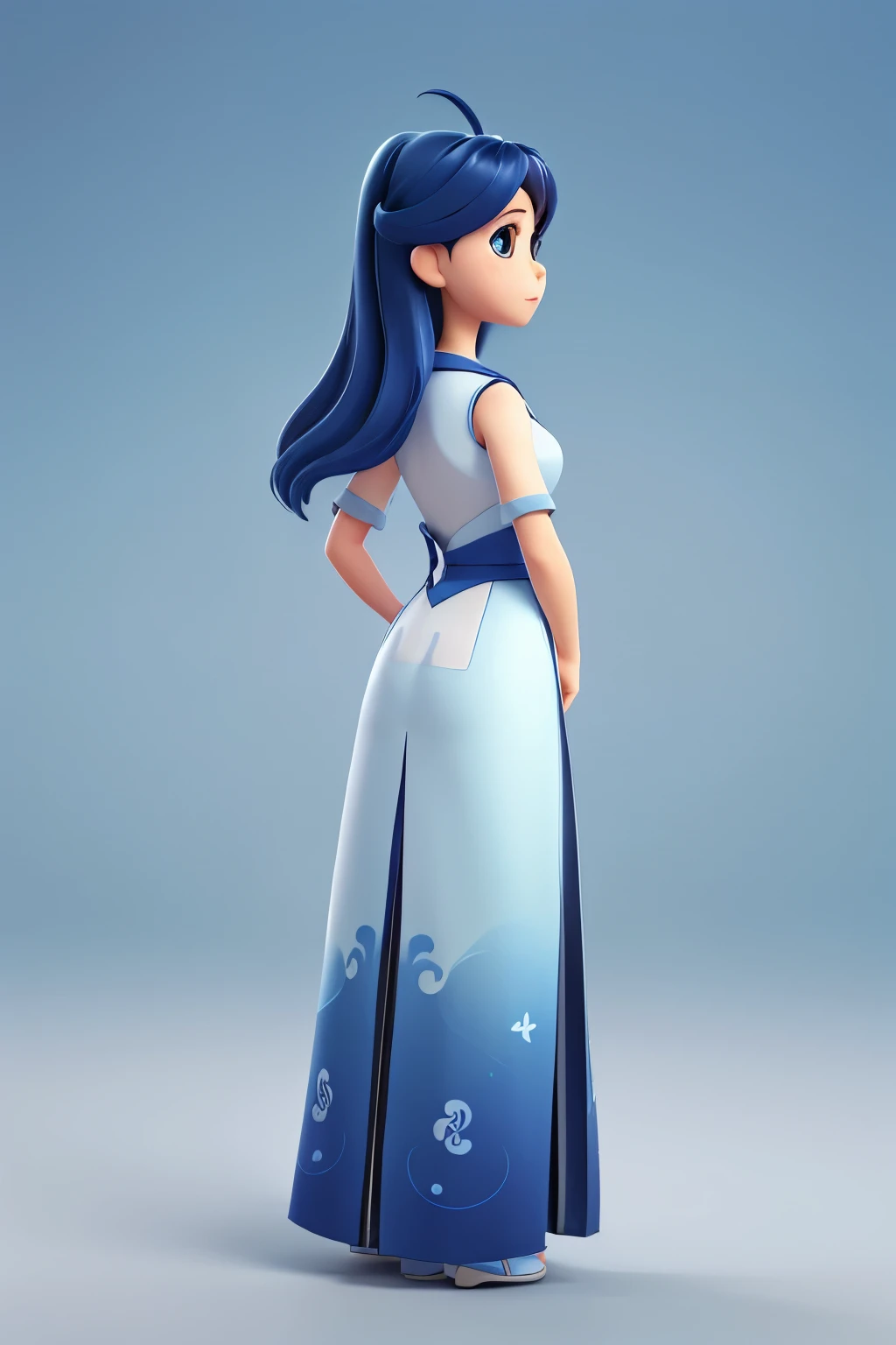 three views of image，Generate three views，namely the frontview、side and back view，maintainingconsistency and unity，full bodyesbian、frontage、Lateral face、on  back、beautiful  Girl，Blue and white porcelain，Hanfu，Ink wind，Disney Pixar style, 3D, Animated characters, high qulity