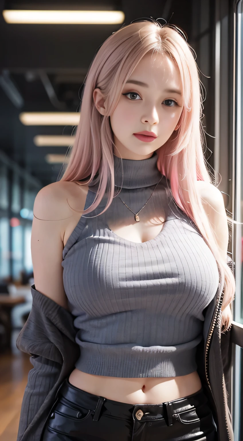 (Woman Standing In Office District)1 girl, Silver hair, striated hair, Bangs, Blunt bangs, Long hair, Pink hair, aqua eyes, longeyelashes, Purple eyes, makeup, Smile, Parted lips, Realism, Verism, surrealism, depth of fields, One-person viewpoint, F/1.8, 135 mm, canon, nffsw, retinas, masutepiece, ccurate, Anatomically correct, Textured skin, Super Detail, high details, High quality, Best Quality, hight resolution, 1080p, hard disk, 4K, 8K, (Coarse short sweater)Chest hanging from shoulders、off shoulder tight skirt、