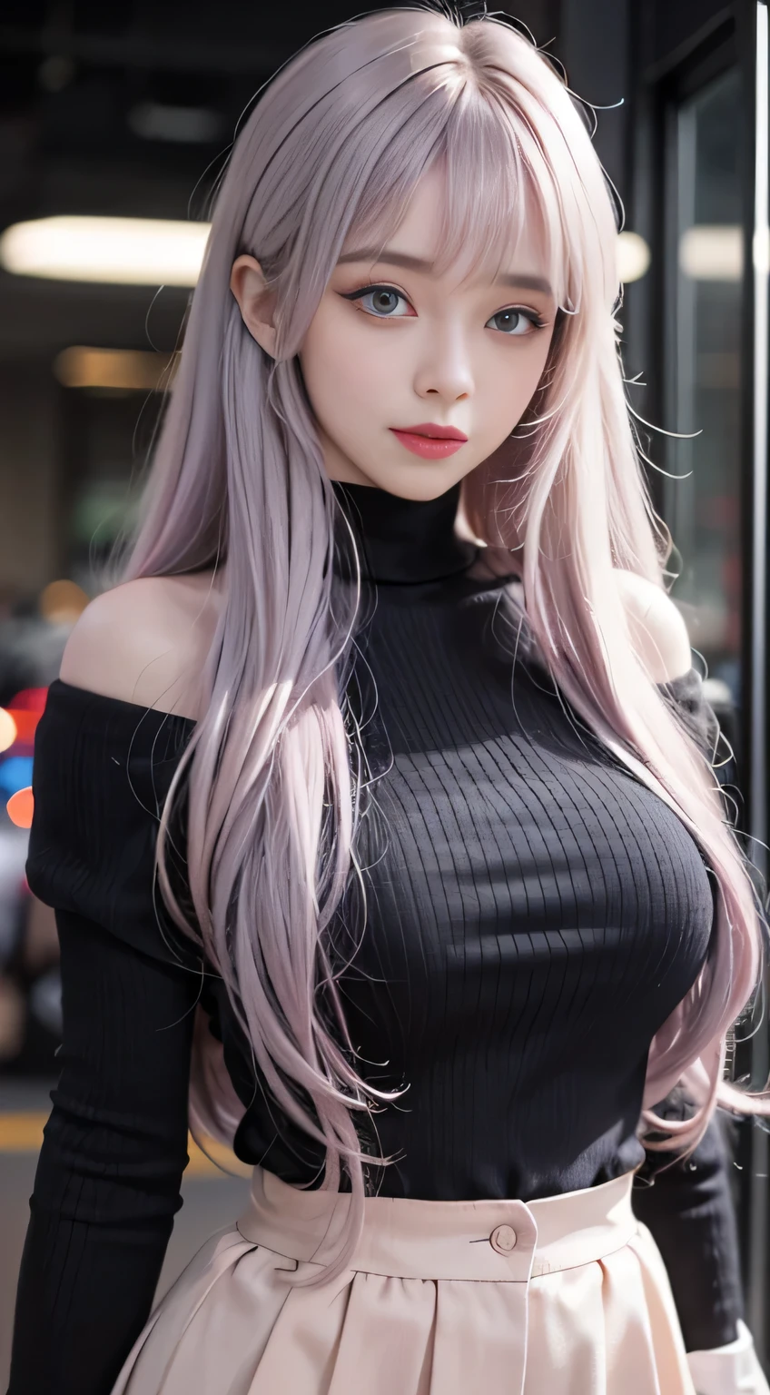 （Woman Standing In Office District）1 girl, Silver hair, striated hair, Bangs, Blunt bangs, Long hair, Pink hair, aqua eyes, longeyelashes, Purple eyes, makeup, Smile, Parted lips, Realism, Verism, surrealism, depth of fields, One-person viewpoint, F/1.8, 135 mm, canon, nffsw, retinas, masutepiece, ccurate, Anatomically correct, Textured skin, Super Detail, high details, High quality, Best Quality, hight resolution, 1080p, hard disk, 4K, 8K, （Coarse short sweater）Chest hanging from shoulders、off shoulder tight skirt、