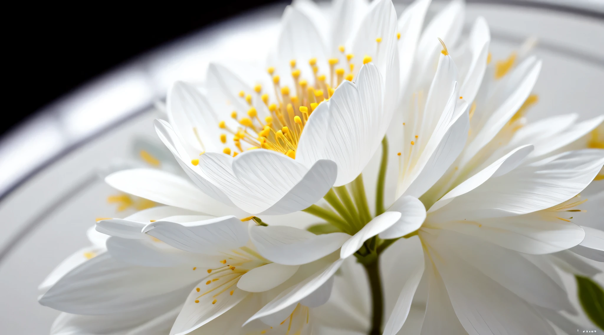 A bouquet of white plum blossoms，super transparent，圣optics，美丽的optics谱optics，There are dewdrops on the petals，twinkle，晨optics背景，透明optics滴，反射opticright，optics线向内流动，optics学，Portrait silhouette，Keen focus，iintricate，hyper realisitc、Fantastical、artworks、optics、trends in art station、pearls、Silver Patronus Cloud Pair、Caustic envelope series 16K、real ar 23v4 uplight