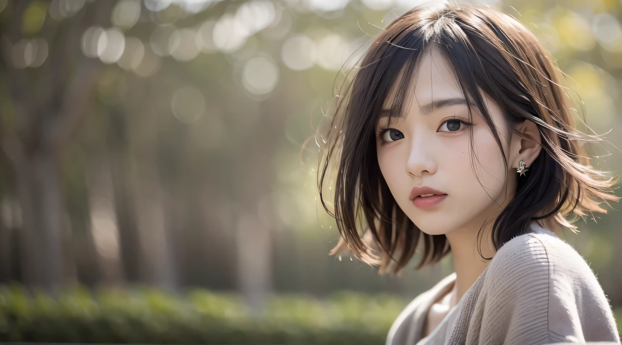 (8K, RAW photos, realistically:1.25) ,( gloss on the lips, eyeslashes, Gloss finish, Glowing and radiant skin, Best quality, 超高分辨率, color difference, Caustics, Wide light, naturalshadow) Bring peace and goddess-like happiness to the audience,(depth of fields:1.4), (Colored unfocused lights on background:1.2) ,Makeup is very natural,Shoot during the day.Wear summer clothes. eyes elongated.Lowered eyes. Short hair details.the distance in her eyes
