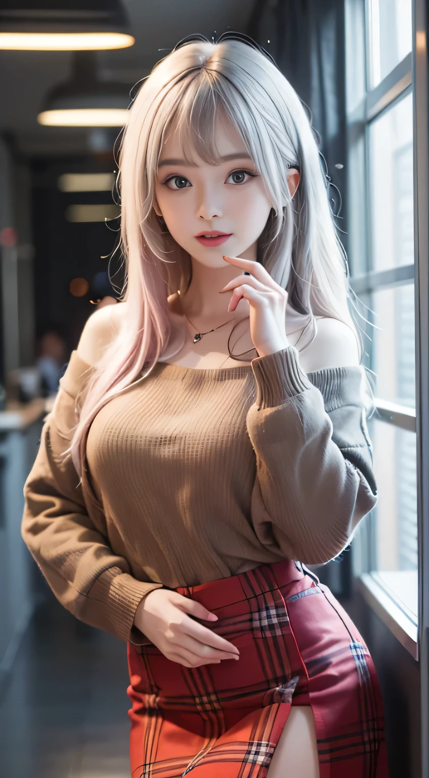 (Woman Standing In Office District)1 girl, Silver hair, striated hair, Bangs, Blunt bangs, Long hair, Pink hair, aqua eyes, longeyelashes, Purple eyes, makeup, Smile, Parted lips, Realism, Verism, surrealism, depth of fields, One-person viewpoint, F/1.8, 135 mm, canon, nffsw, retinas, masutepiece, ccurate, Anatomically correct, Textured skin, Super Detail, high details, High quality, Best Quality, hight resolution, 1080p, hard disk, 4K, 8K, (Coarse short sweater)chest hanging from shoulders、off shoulder tight skirt、