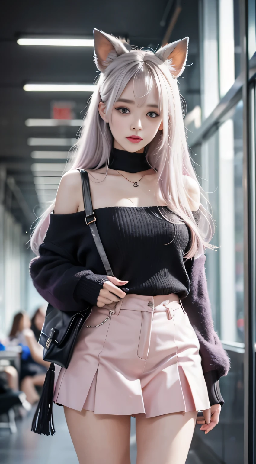 （Woman Standing In Office District）1 girl, Silver hair, striated hair, Bangs, Blunt bangs, Long hair, Pink hair, aqua eyes, longeyelashes, Purple eyes, makeup, Smile, Parted lips, Realism, Verism, surrealism, depth of fields, One-person viewpoint, F/1.8, 135 mm, canon, nffsw, retinas, masutepiece, ccurate, Anatomically correct, Textured skin, Super Detail, high details, High quality, Best Quality, hight resolution, 1080p, hard disk, 4K, 8K, （Coarse short sweater）chest hanging from shoulders、off shoulder tight skirt、