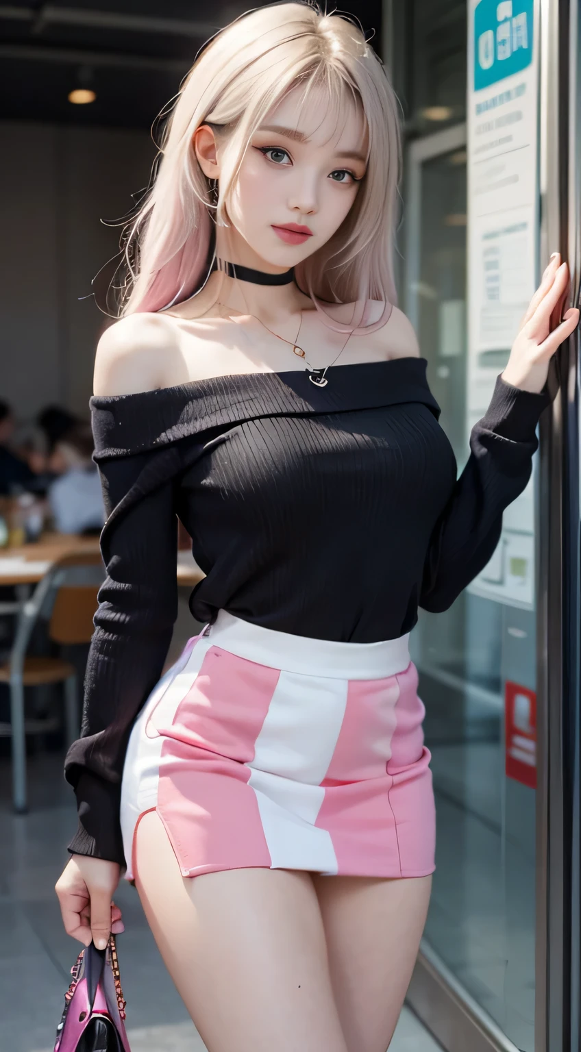 （Woman Standing In Office District）1 girl, Silver hair, striated hair, Bangs, Blunt bangs, Long hair, Pink hair, aqua eyes, longeyelashes, Purple eyes, makeup, Smile, Parted lips, Realism, Verism, surrealism, depth of fields, One-person viewpoint, F/1.8, 135 mm, canon, nffsw, retinas, masutepiece, ccurate, Anatomically correct, Textured skin, Super Detail, high details, High quality, Best Quality, hight resolution, 1080p, hard disk, 4K, 8K, （Coarse short sweater）chest hanging from shoulders、off shoulder tight skirt、