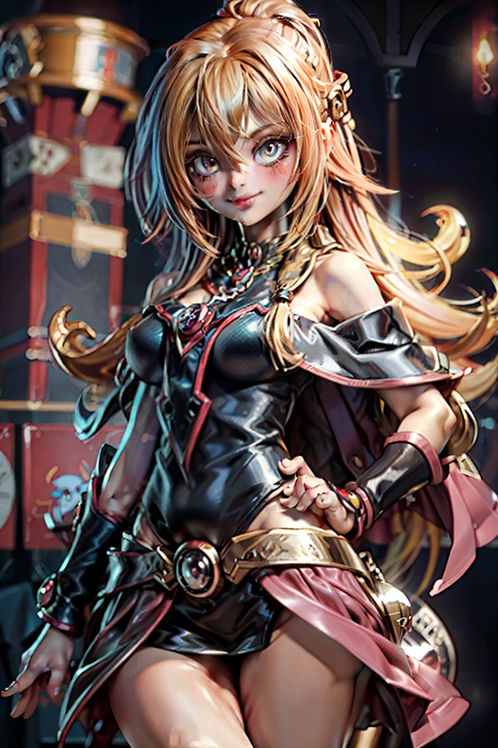anime, Mujer, solamente, Cabello largo, They are smiling, debajo de los senos, cabello rubio dorado, cabello lacio desordenado, cabello encrespado, ojos amarillos dorados, cuerpo completo, Orejas de caballo, Conjunto de punk rock,