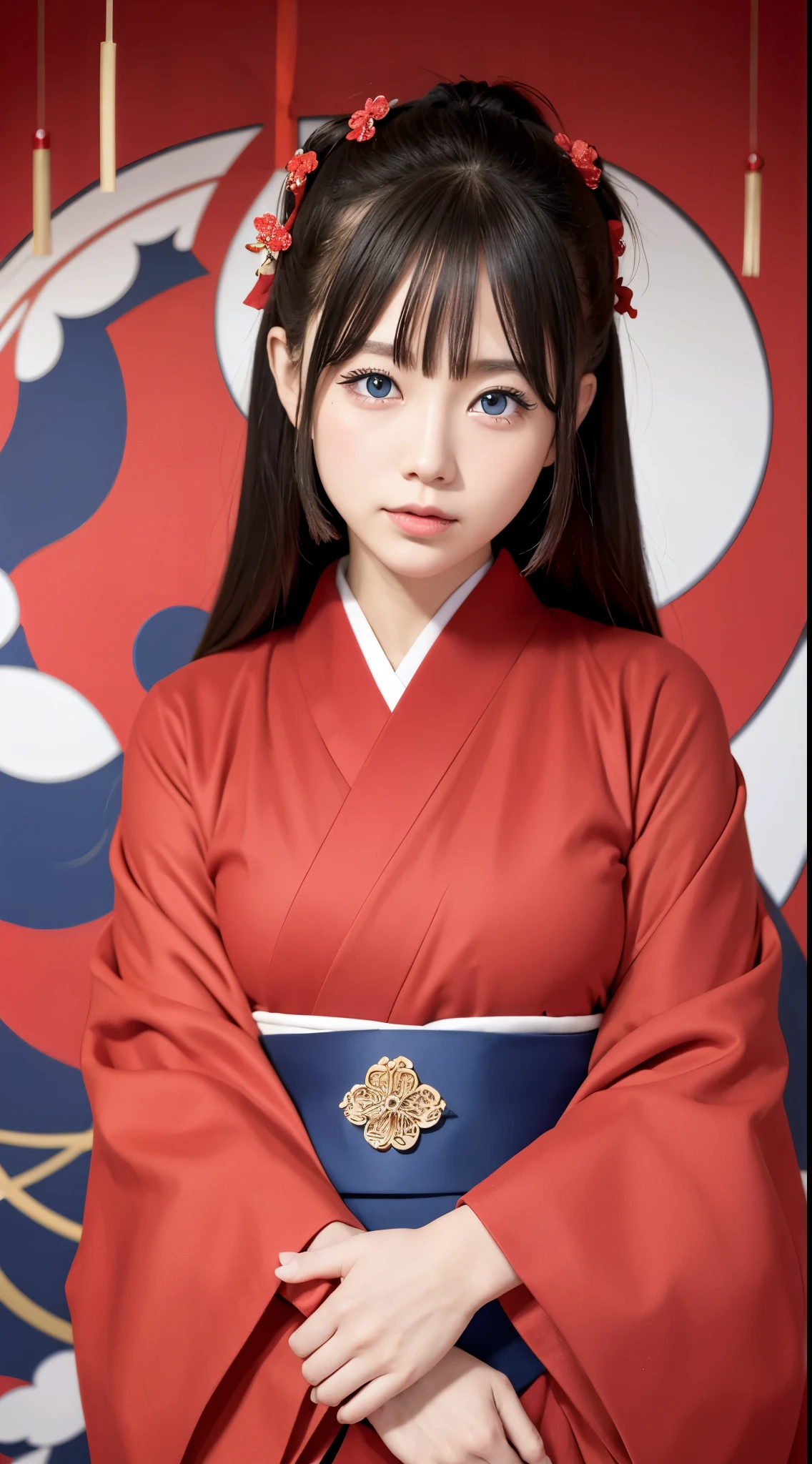red kimono、Blue eyes、new year background