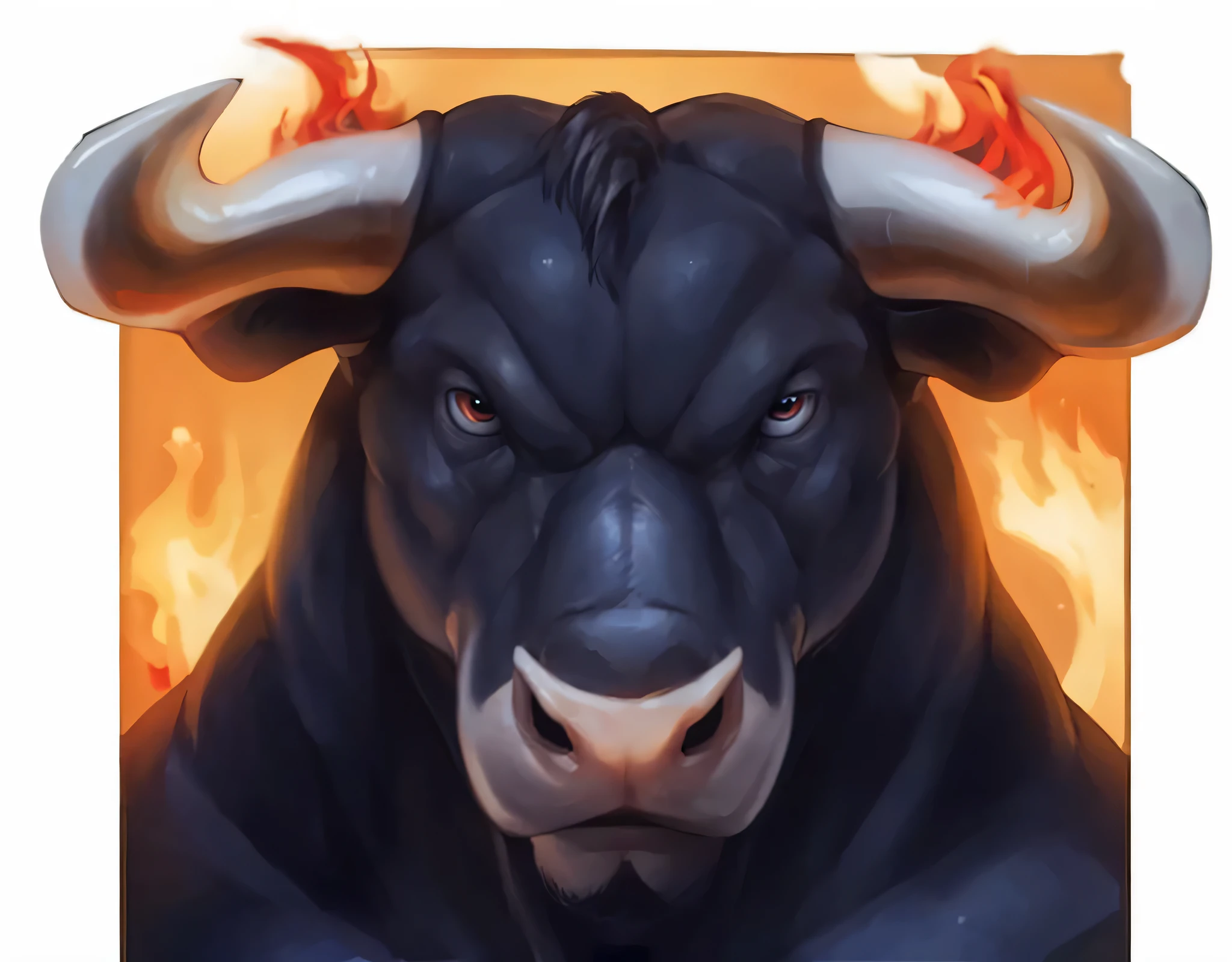 handsome bull，Muscular type，Frontal photo。Eyes are very bright，Realistic retro。Square icon，Flame base，No border