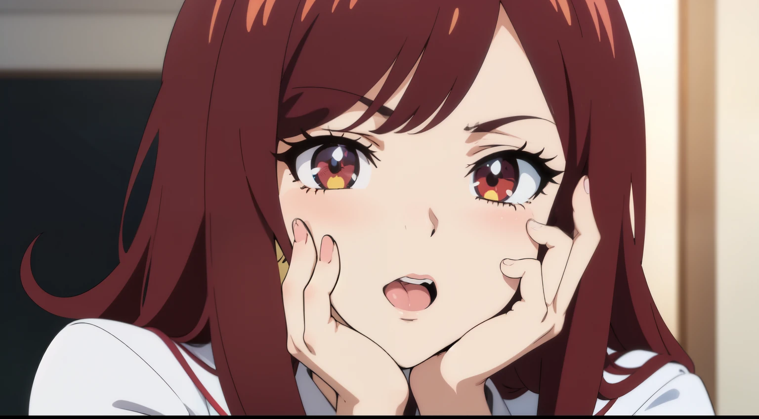 A girl with red hair, bright eyes like an anime, Anime Waifu, retro 80s, hand on her face, sexy face, moaning with a red face, sideways looking at the screen, Anime Girl from the Future, 2D Anime.