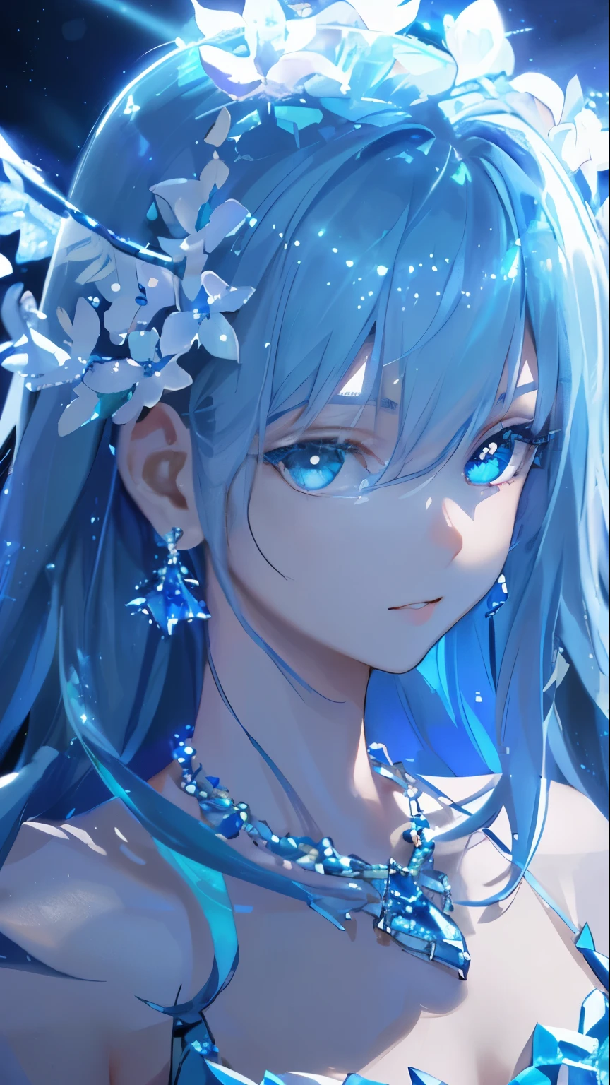Masterpiece, Best Quality, Illustration, Sax Blue, Platinum Earrings, Platinum Necklace, Blue Dress, 1girl, Cute, (Dynamic Lighting:1.2), Cinematic Lighting, Delicate Facial Features, Detailed Eyes, Sharp Pupils, Realistic Pupils, Depth of Field, Bokeh, Sharp Focus, (Ultra Detailed, Bloom, Glow:1.4), Many Little Jewels,Angel Wings,Beautiful Abs
