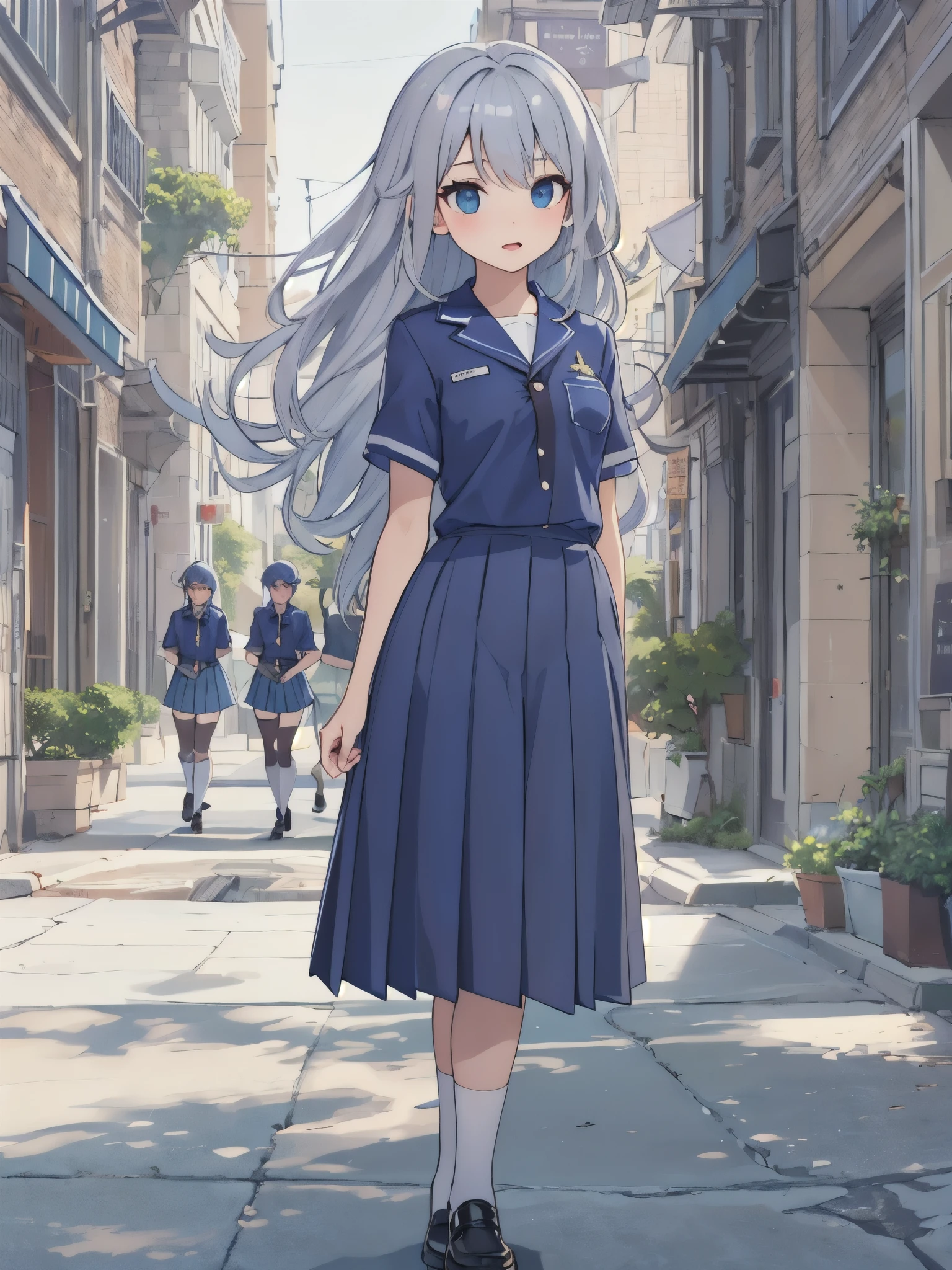 (extremely detremely detailed CG:1.2), (tmasterpiece:1.2), (Best quality:1.2),,((Ridiculous resources)),looking at viewert,Full body lesbian, ,(1 sister),Alone,(Long gray hair),(mathayom uniform),(white shirt short sleeves),(navy_Pleated skirt in blue color),(long  skirt),dynamic angle,Eternal,dynamic facial features)),,