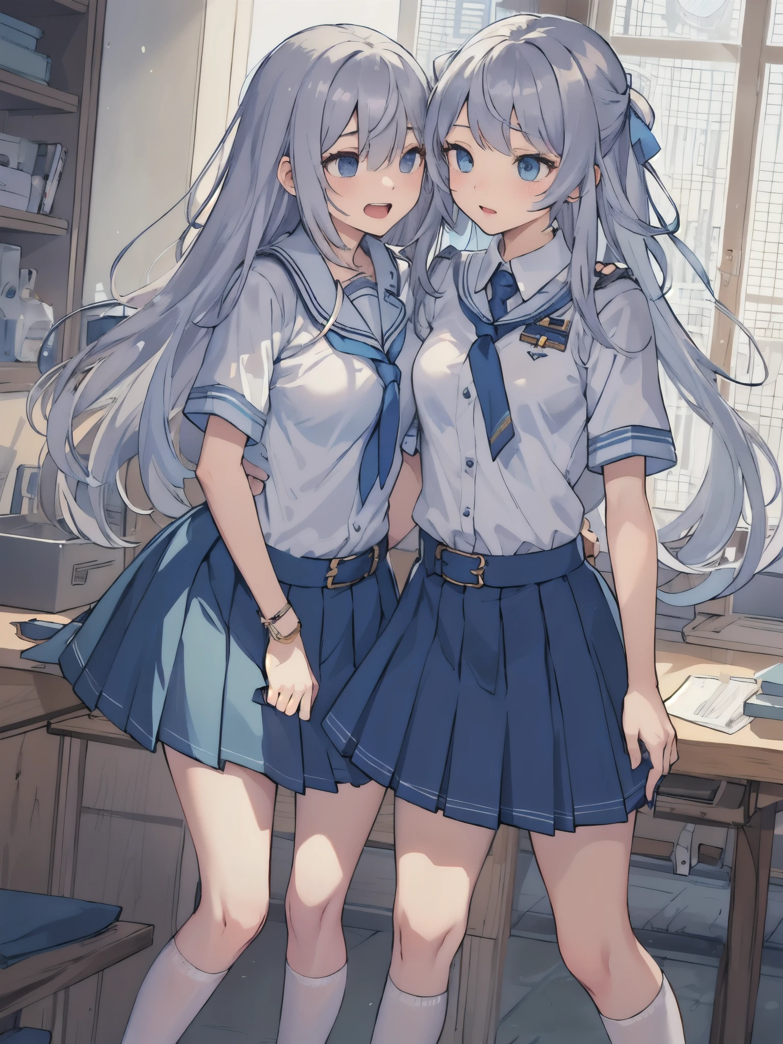 (extremely detremely detailed CG:1.2), (tmasterpiece:1.2), (Best quality:1.2),,((Ridiculous resources)),looking at viewert,Full body lesbian, ,(1 sister),Alone,(Long gray hair),(mathayom uniform),(white shirt short sleeves),(navy_Pleated skirt in blue color),(long  skirt),dynamic angle,Eternal,dynamic facial features)),,