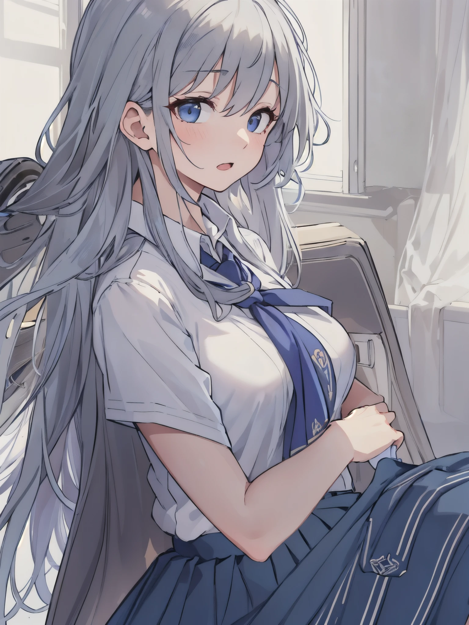 (extremely detremely detailed CG:1.2), (tmasterpiece:1.2), (Best quality:1.2),,((Ridiculous resources)),looking at viewert,Full body lesbian, ,(1 sister),Alone,(Long gray hair),(mathayom uniform),(white shirt short sleeves),(navy_Pleated skirt in blue color),(long  skirt),dynamic angle,Eternal,dynamic facial features)),,