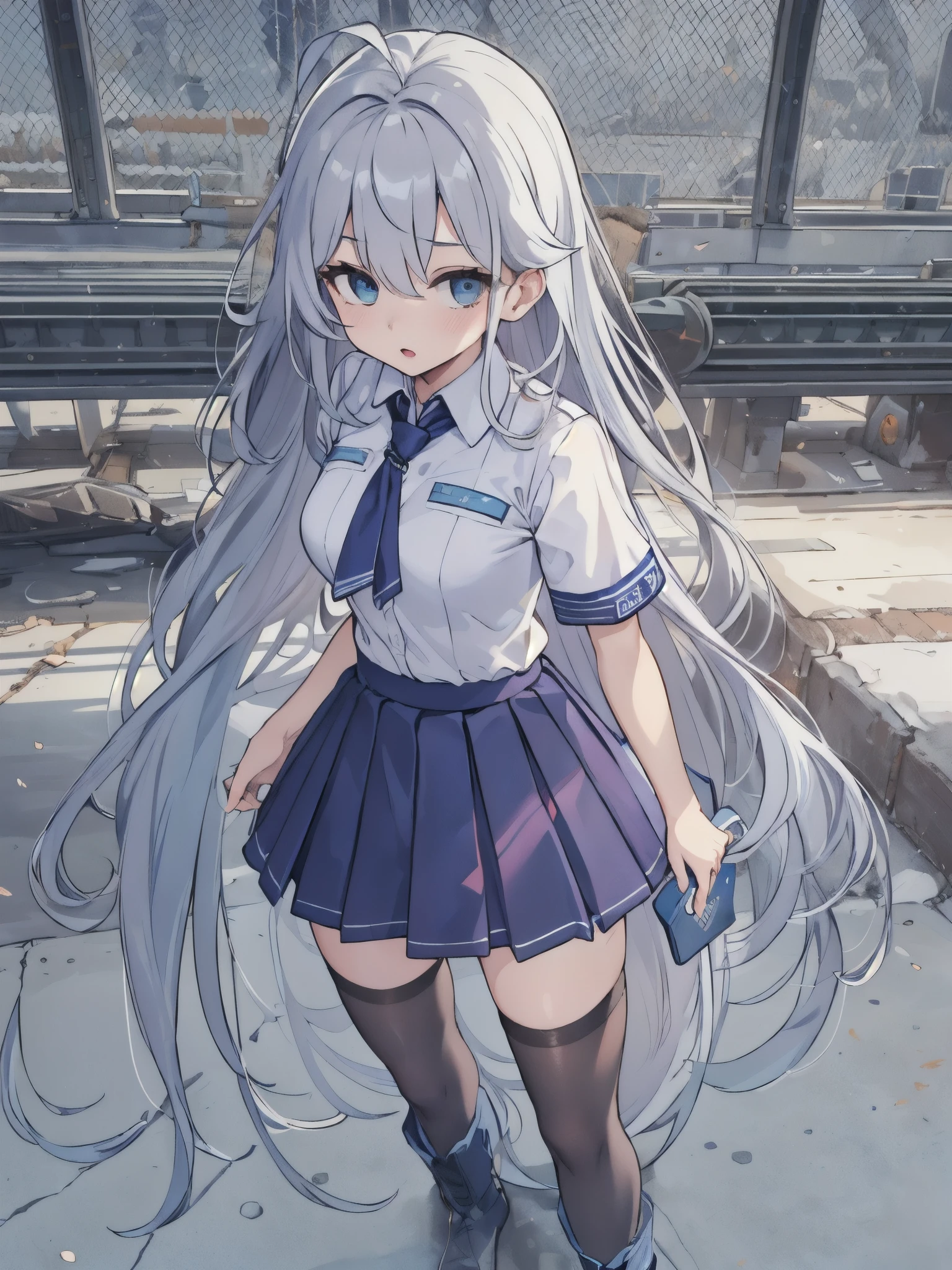 (extremely detremely detailed CG:1.2), (tmasterpiece:1.2), (Best quality:1.2),,((Ridiculous resources)),looking at viewert,Full body lesbian, ,(1 sister),Alone,(Long gray hair),(mathayom uniform),(white shirt short sleeves),(navy_Pleated skirt in blue color),(long  skirt),dynamic angle,Eternal,dynamic facial features)),,