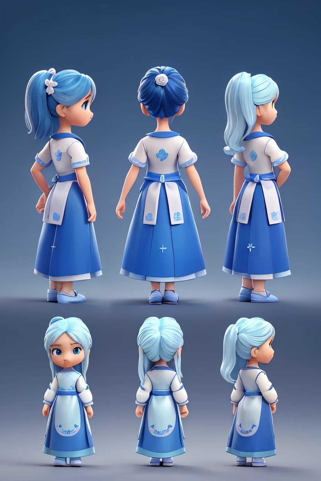 three views of image,Generate three views,namely the frontview、side and back view,maintainingconsistency and unity,full bodyesbian、frontage、Lateral face、on back、Pretty little girl,Blue and white porcelain,Hanfu,Disney Pixar style, 3D, Animated characters, high qulity