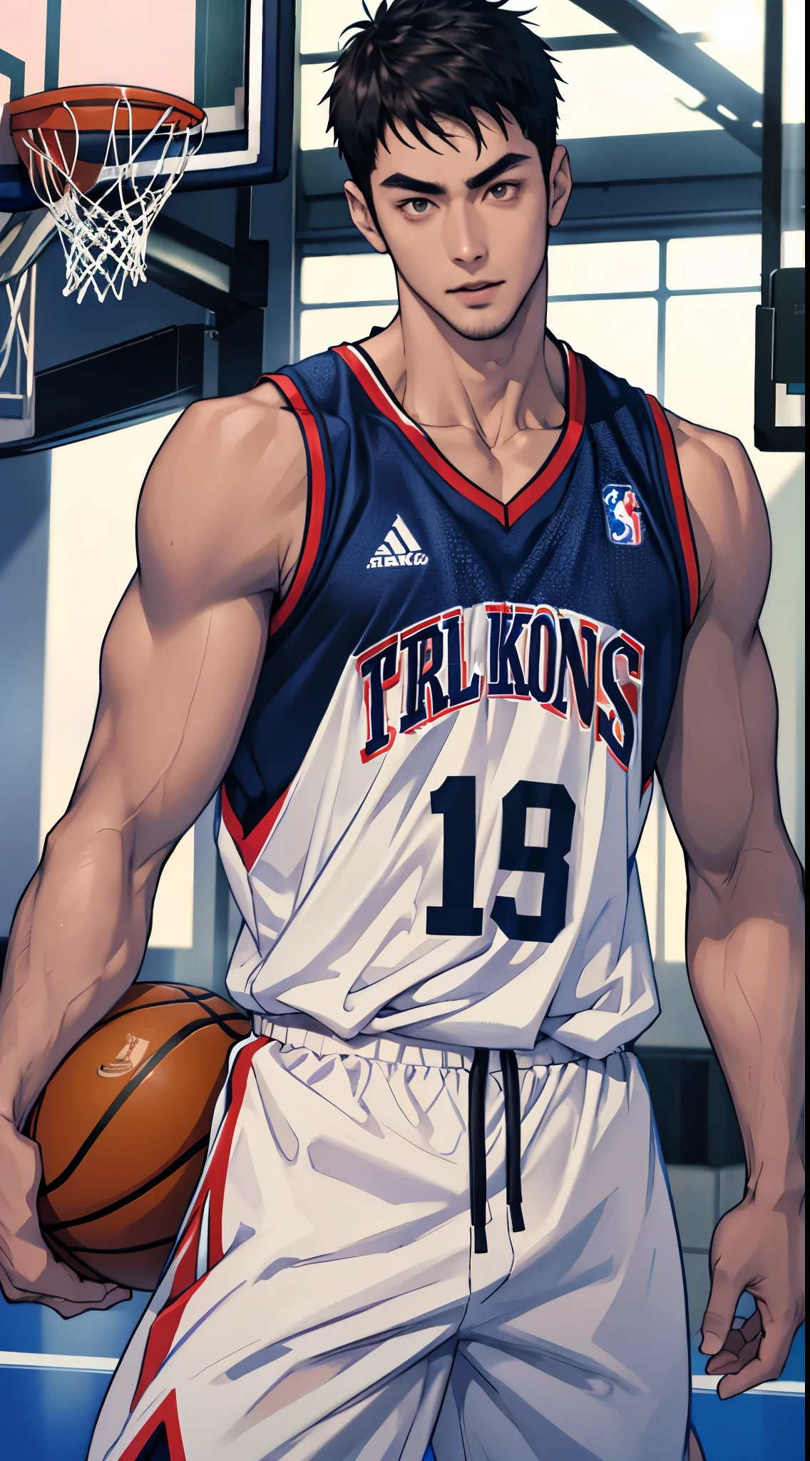 Asian male, basketball player, handsome, dark hair, 25 years old, white skin, sweats a lot, muscular, clear veins, charming, wears basketball uniform, sleeveless shirt, very short pants, Basketball court, evening sun, looking at me, gentle eyes , High image detail