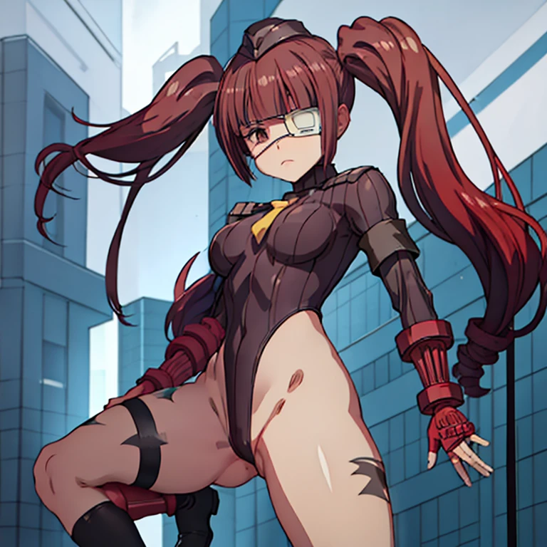 ultra-detailed, Explicit, Beautiful body, Beautiful Nose, Beautiful character design, perfect eyes, perfect face, ultra highres, 4K, beautiful legs, perfect legs, Nice hands, Perfect hand, Masterpiece, Best Quality, Highly detailed, illustration, absurdres, street fighter, doll suit, shadaloo doll, dollsuit, girls, multiple girls, expressionless, blank eyes, looking at viewer, red gloves, emotionless, black latex, corrution, mind control, female combatant, full body, hypnotized, unhappy trance, full body suit, ribbed bodysuit, obey, perfect female body, extremely glossy latex, hypnosis, hypnoLora, empty eyes, Mind control device, poses, brainwashed, submissive_pose, Slave, hat, necktie, belt, latex, garter belt, thighhighs, stand up straight, standing, standing at attention, fighting stance, jashinchan dropkick, hua_yuan_yurine, long_hair, twintails, eyepatch, medical_eyepatch, bangs, red_hair, brown_eyes, ribbon, brown_hair, black_headwear
