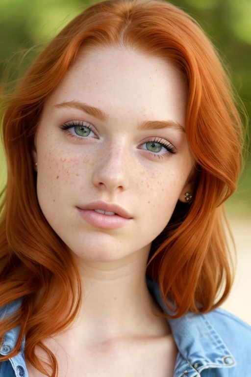 (close-up editorial photo of 20 yo woman, ginger  hair, slim American sweetheart), (freckles:0.8), (lips parted), realistic green eyes, POV, realistic[:, (film grain, 25mm, f/1.2, dof, bokeh, beautiful symmetrical face, perfect sparkling eyes, well defined pupils, high contrast eyes, ultra detailed skin, skin pores, vellus hair, fabric stitching, fabric texture, wood grain, stone texture, finely detailed features:1):0.9]