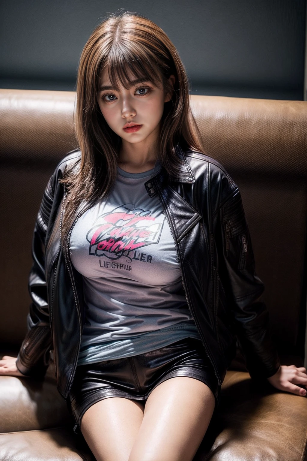 (1girl), ((Matching Sets Tshirt:1.5), (big boobs:1.2), ((NaughtyWhisper:1.3)), sitting on sofa, KinkyCupid, ((Masterpiece, Best Quality)), (jacket: Leather Jacket:1.4)