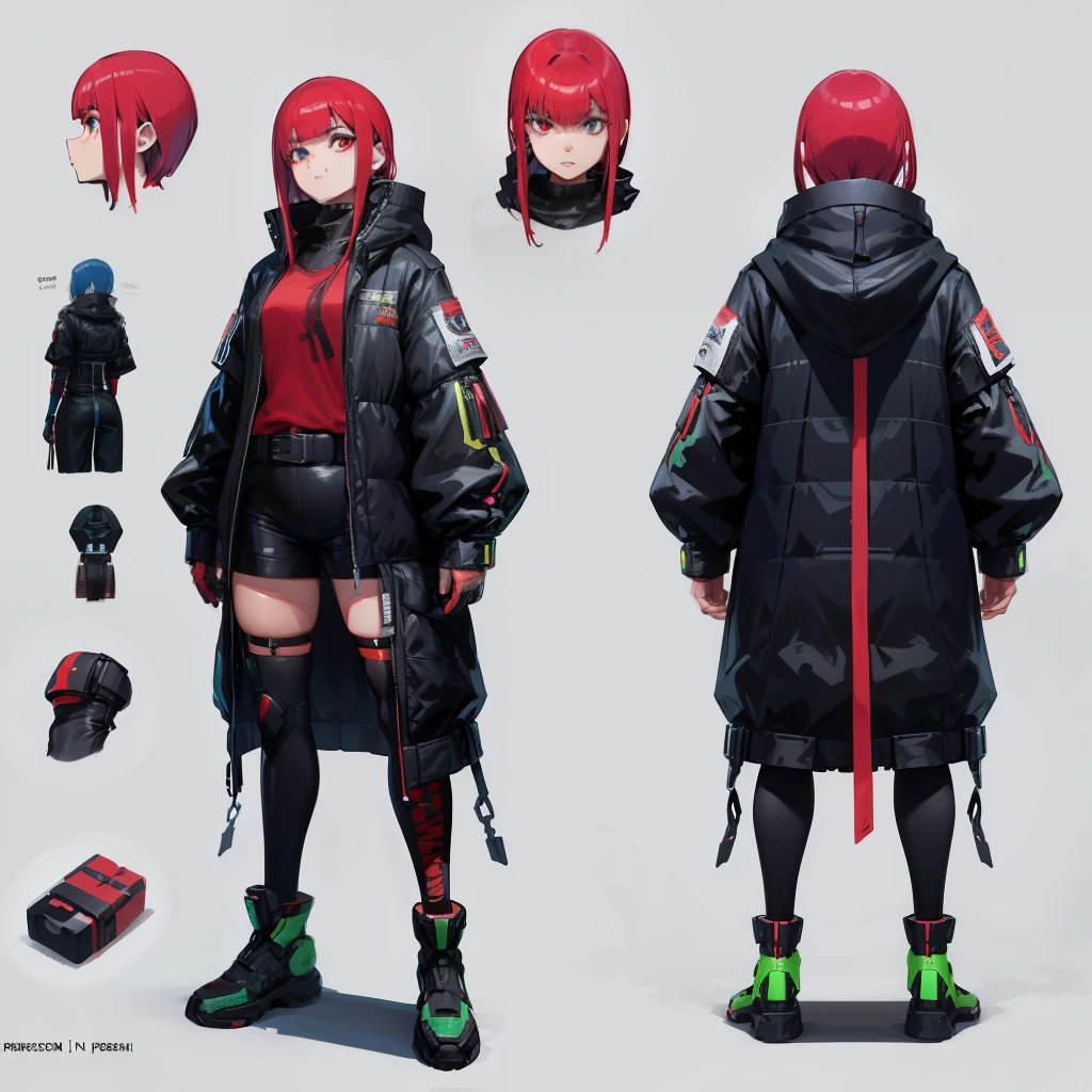 personagem de jogo de aventura cyberpunk, corpo inteiro, Folha de design de personagem, Mesmo personagem, frente, lado, voltar - v4 - 3:2 ar, (esclarela ocular negra, pele vermelha, chifres curtos), Rosto e corpo detalhados, futuristic clothing, pano de fundo, detalhes do ambiente interativo , high-quality render.
