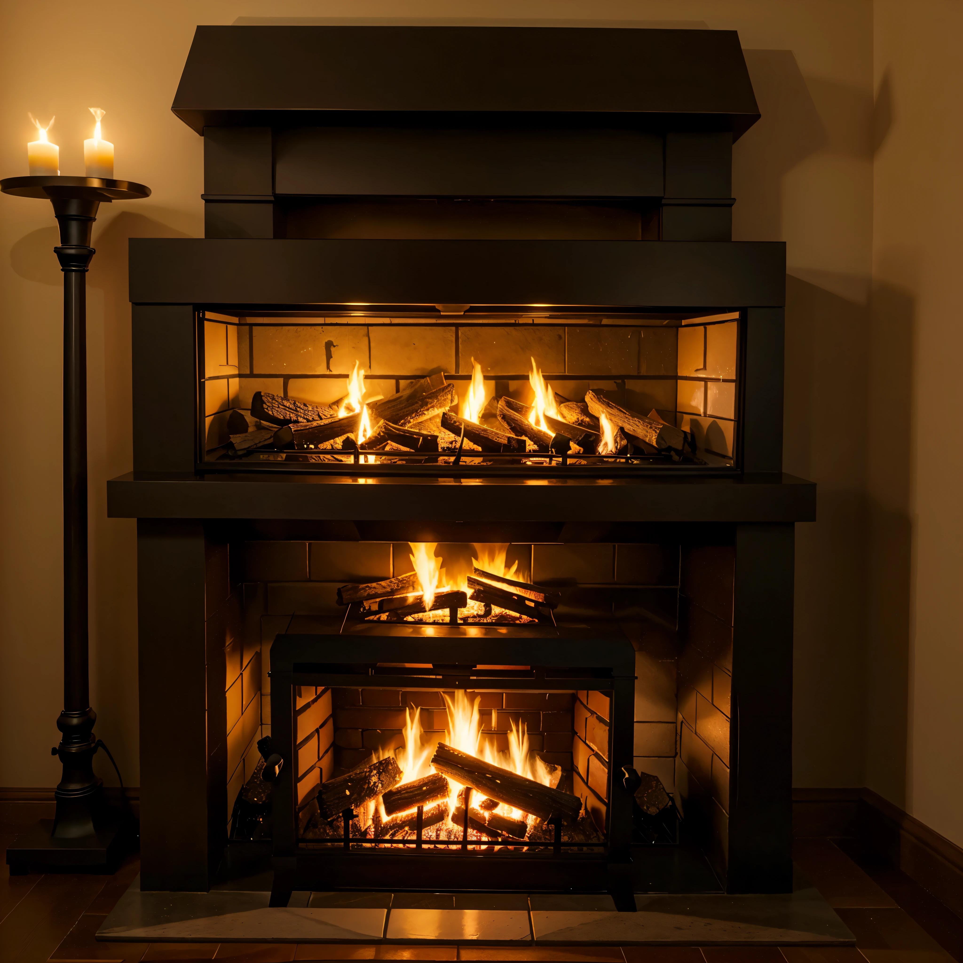 Cozy fireplace: The burning flame radiated warmth and radiated a soft glow., Provides comfort and a comfortable atmosphere inside the building..
