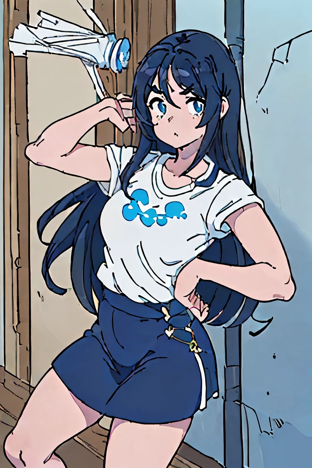 (((obra maestra), (,CG 8k extremadamente detallado), la mejor calidad, solo, 1girl, ((obra maestra)), (mejor calidad), (detallado), (1 chiversizedShirt, camisa blanca, hombro apagado, brazos hacia arriba, pechos apretados, elbow squeeze, mirando al espectador, cabello azul, pelo desordenado, hermosa, figura completa, pies visibiles, sentada, lineas definidas, en su cuarto minifalda, pose ridicula, cuerpo completo, blind