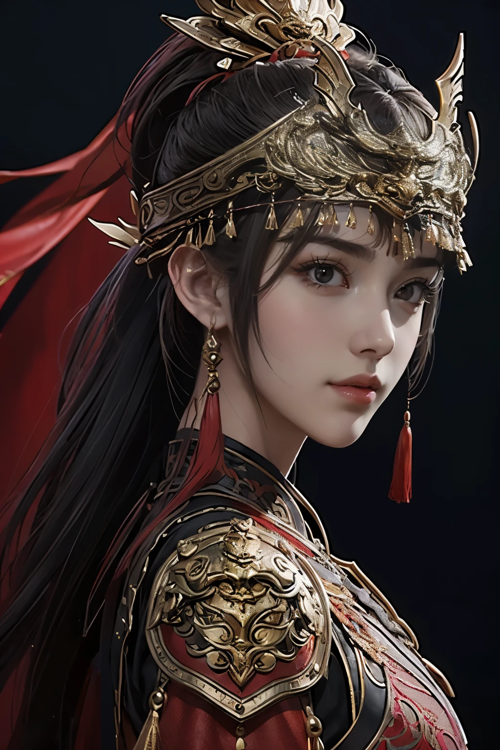 tmasterpiece，Best quality at best，A high resolution，8K，((Portrait))，(Head close-up)，Original photo，real photograph，digital photography，(The ancient Chinese female general in the fantasy world)，(An ancient oriental female general in Chinese armor)，20-year-old girl，Black and red gradient ponytail hairstyle，Red eyelack and red gradient hair，Black-red)，(Big breasts)，An extravagant ornament，cparted lips，Keep your mouth shuegant and charming，((Frown, serious))，haughty contempt，Calm and handsome，(Chinese ancient armor, joint armor, ancient Chinese style, exquisite armor pattern, distinctive badge, red cape)，(Female General)，Photo pose，ancient chinese characterantasy style，Ancient city background，oc render reflection texture