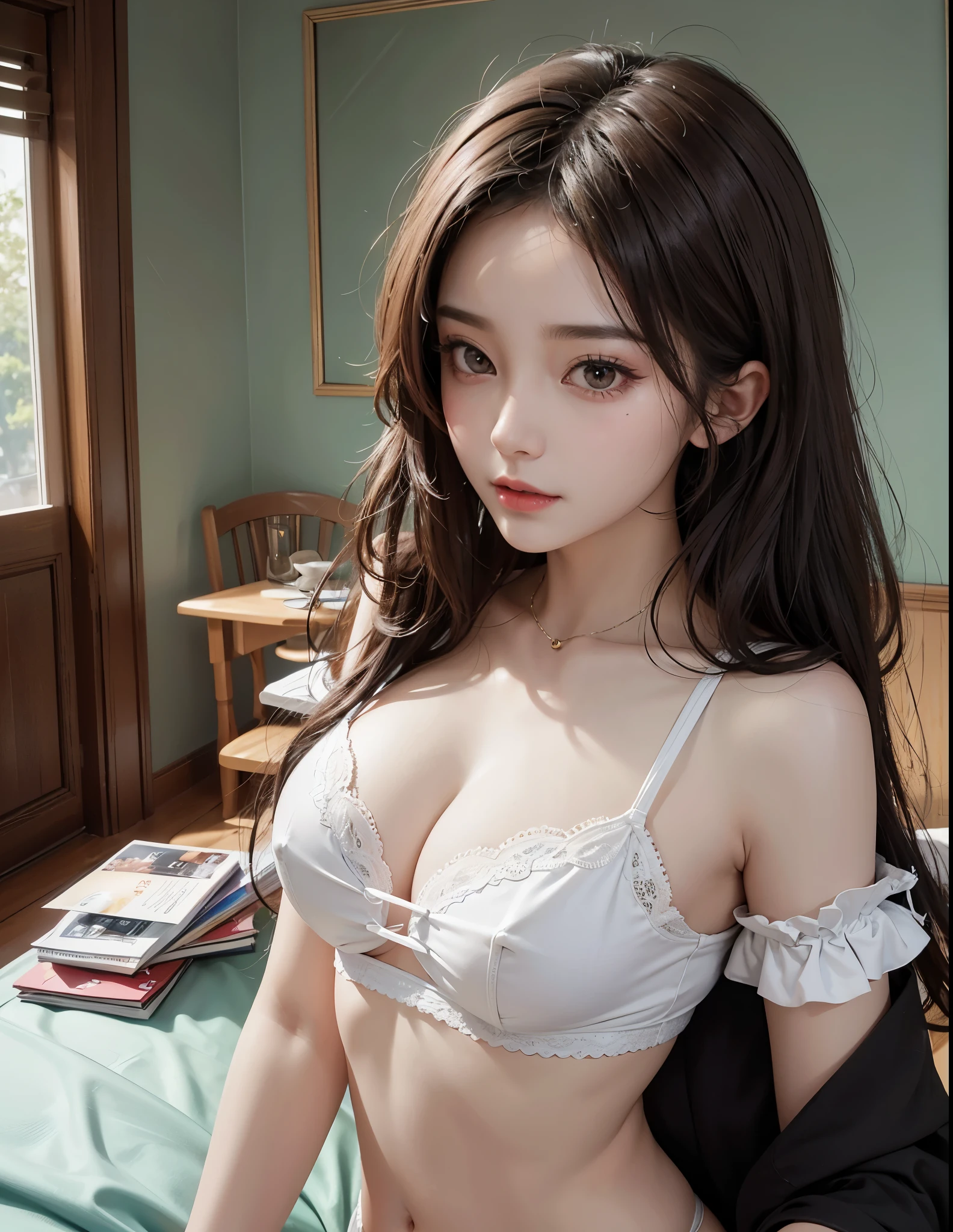 Her dark hair, Luxurious, Wavy, Gracefully runs down the shoulder、Flows gently around the face, Framing with pomp、Sexy white underwear、8k、sexy facial expression、Nasty panties、