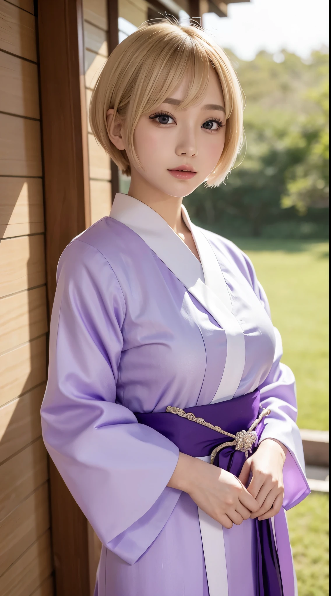 purple furisode、new year background、Blonde Short-Cut Hair