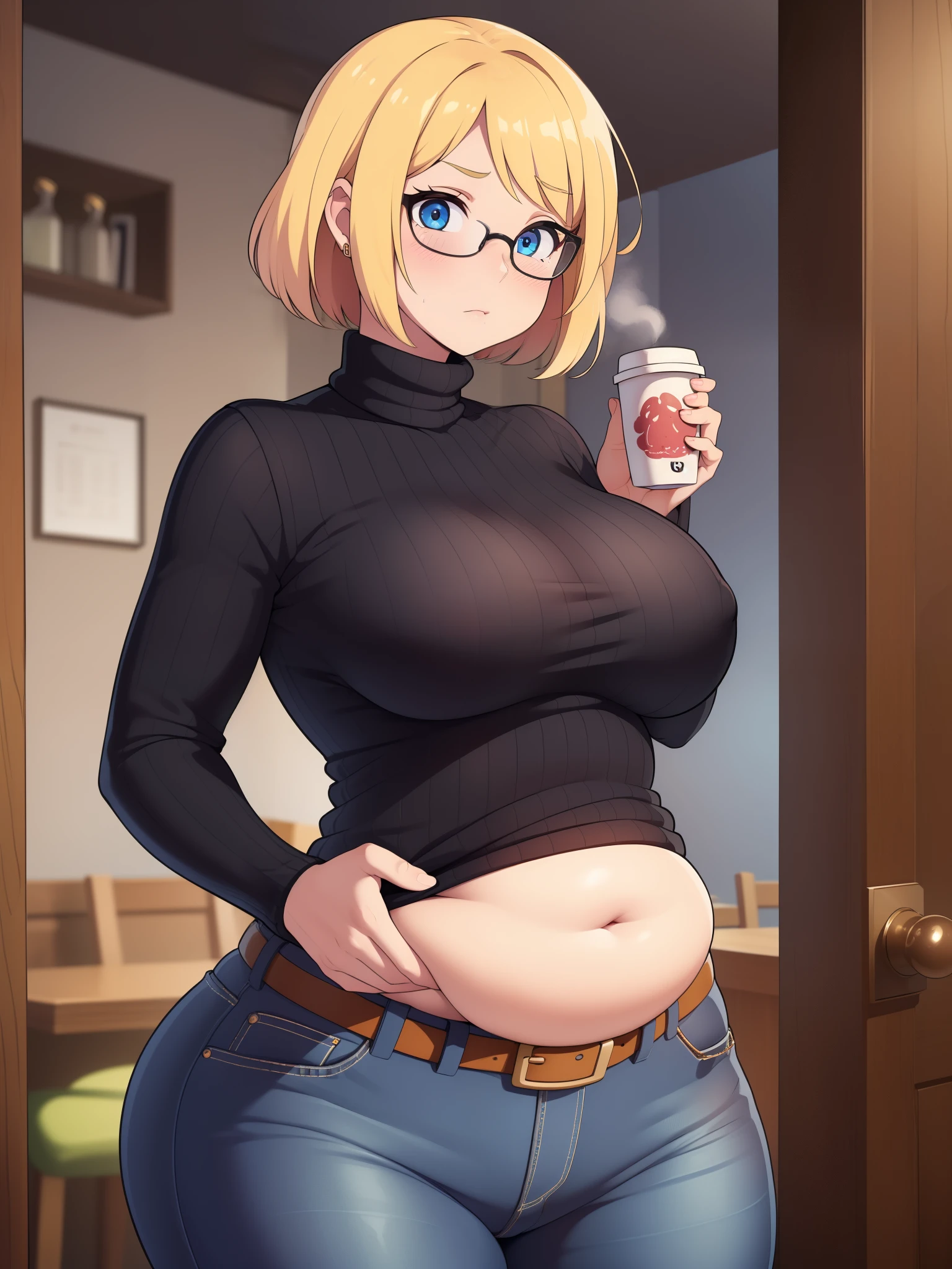 ((Masterpiece)), perfect anatomy, perfect shading, field of depth, (best quality), extremely delicate and beautiful, perfect lighting, detailed face, ultra cute face, cute, (cowboy shot 1.2), full body, (((1girl))), ((solo)), looking at viewer,
short hair, fluffy hair, blonde hair, blue eyes, Glasses, ((blush)), shy, nervous, embarrassed, (black turtleneck sweater 1.5), (jeans 1.2), belt, extremely tight clothes, medium breasts, ((wide hips)), ((thick thighs)), ((chubby)), belly bulge, belly hang, fat folds
coffee shop, intricate background, detailed background, hand on hip, holding coffee cup,